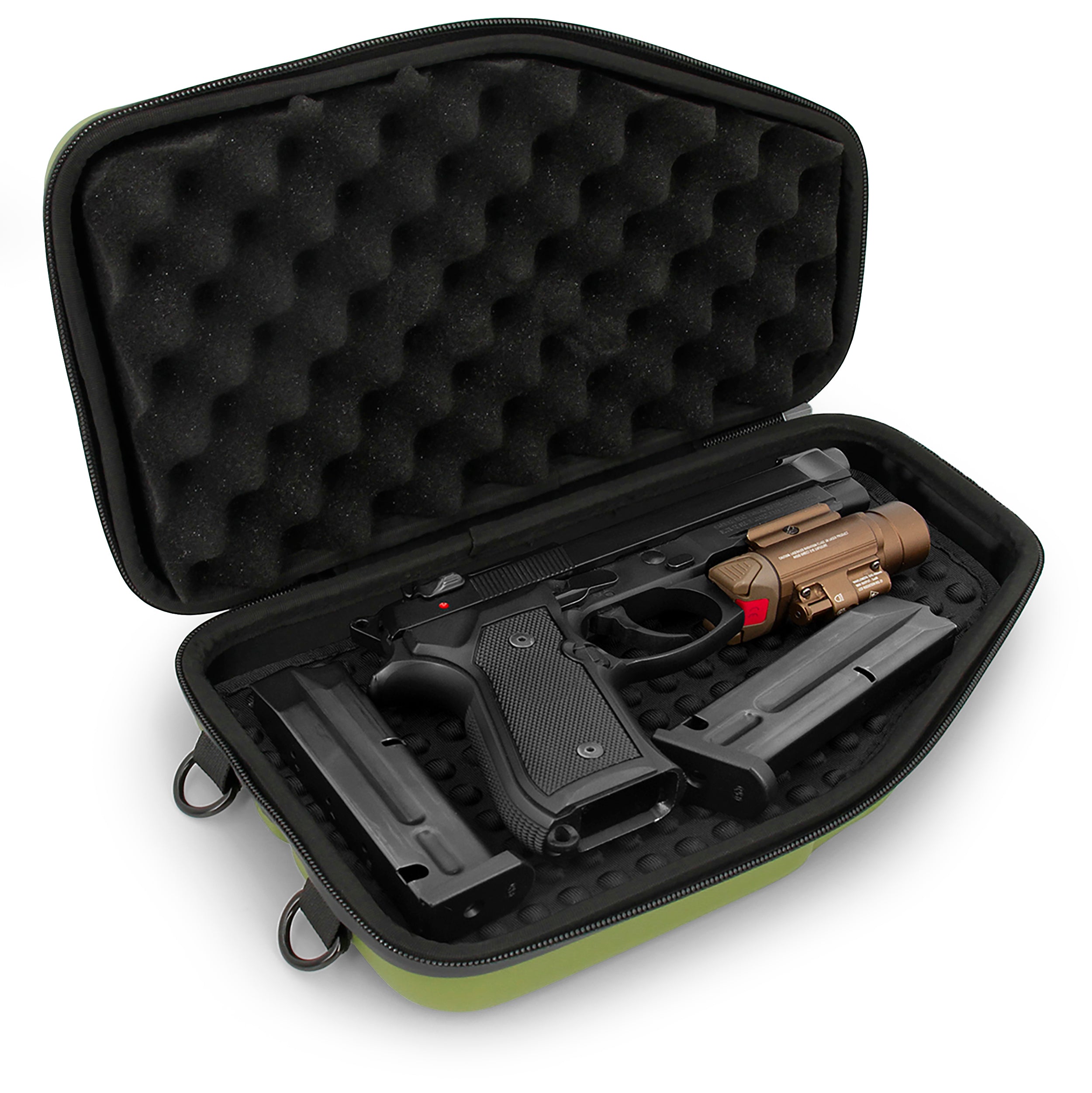 Premium CASEMATIX Locking Pistol Case for Small to Large 9mm Handguns - Secure Storage with Extra Magazine & Attachment Space - Heavy Duty Green Gun Case with Locking Zippers - Perfect for Range, Travel & Home Security