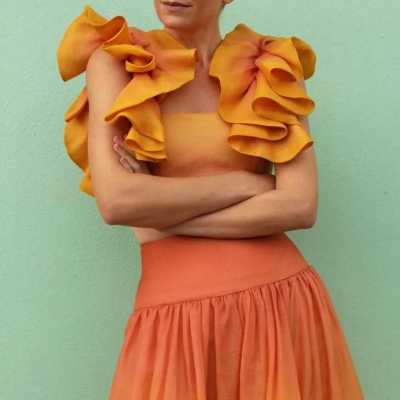 Trendy Y2K Women's Two Piece Set - Sexy Ruffle Crop Top & High Waist Colorful Long Skirt Outfit | Boho Vacation Clothes for Beach, Party & Summer Fashion