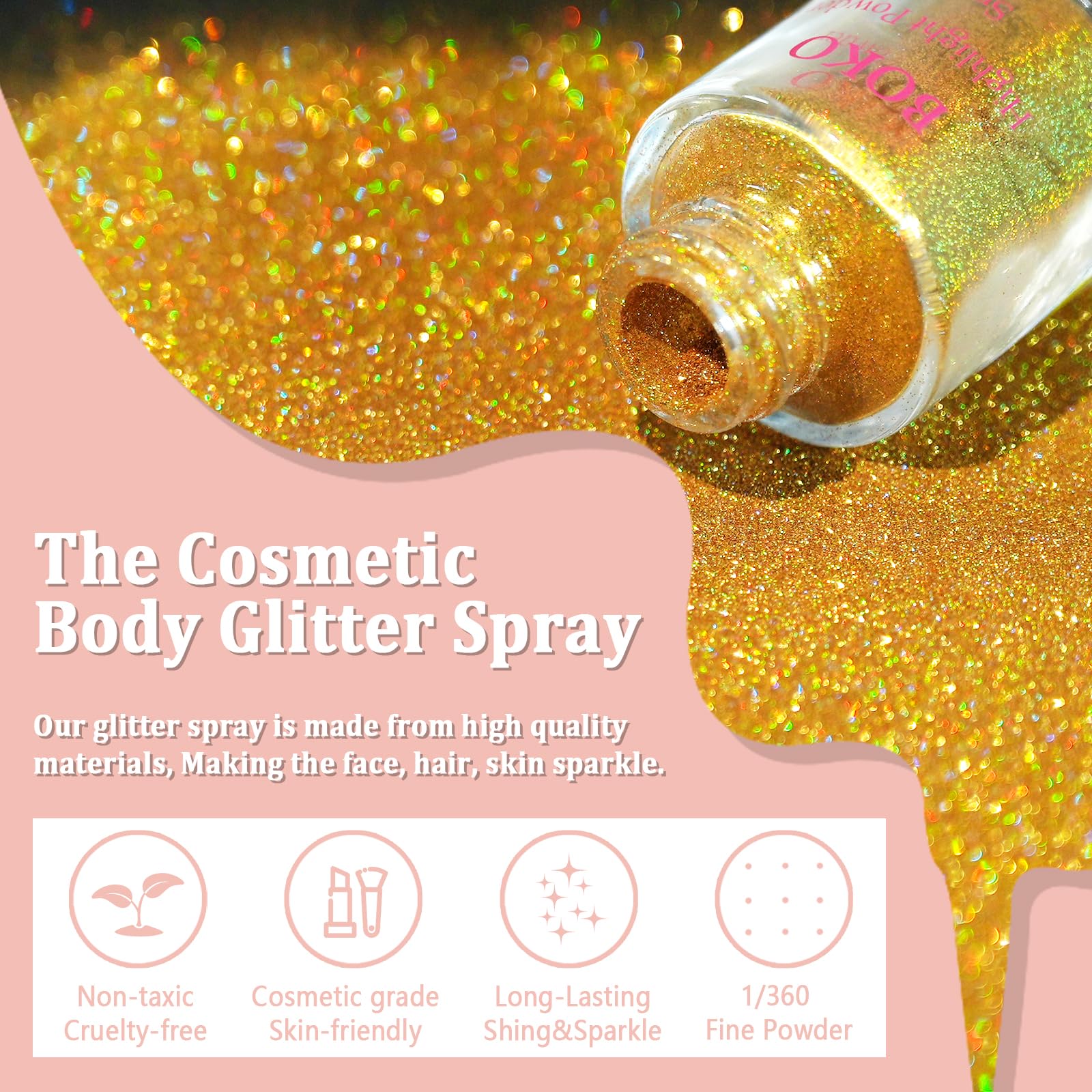 Holographic Gold Glitter Spray for Body, Face, Hair & Nails - Shimmer Makeup for Mardi Gras, Concerts & Parties | Boko Body Glitter Spray for Clothes & Highlighter | Perfect for Rave Accessories & Festival Looks