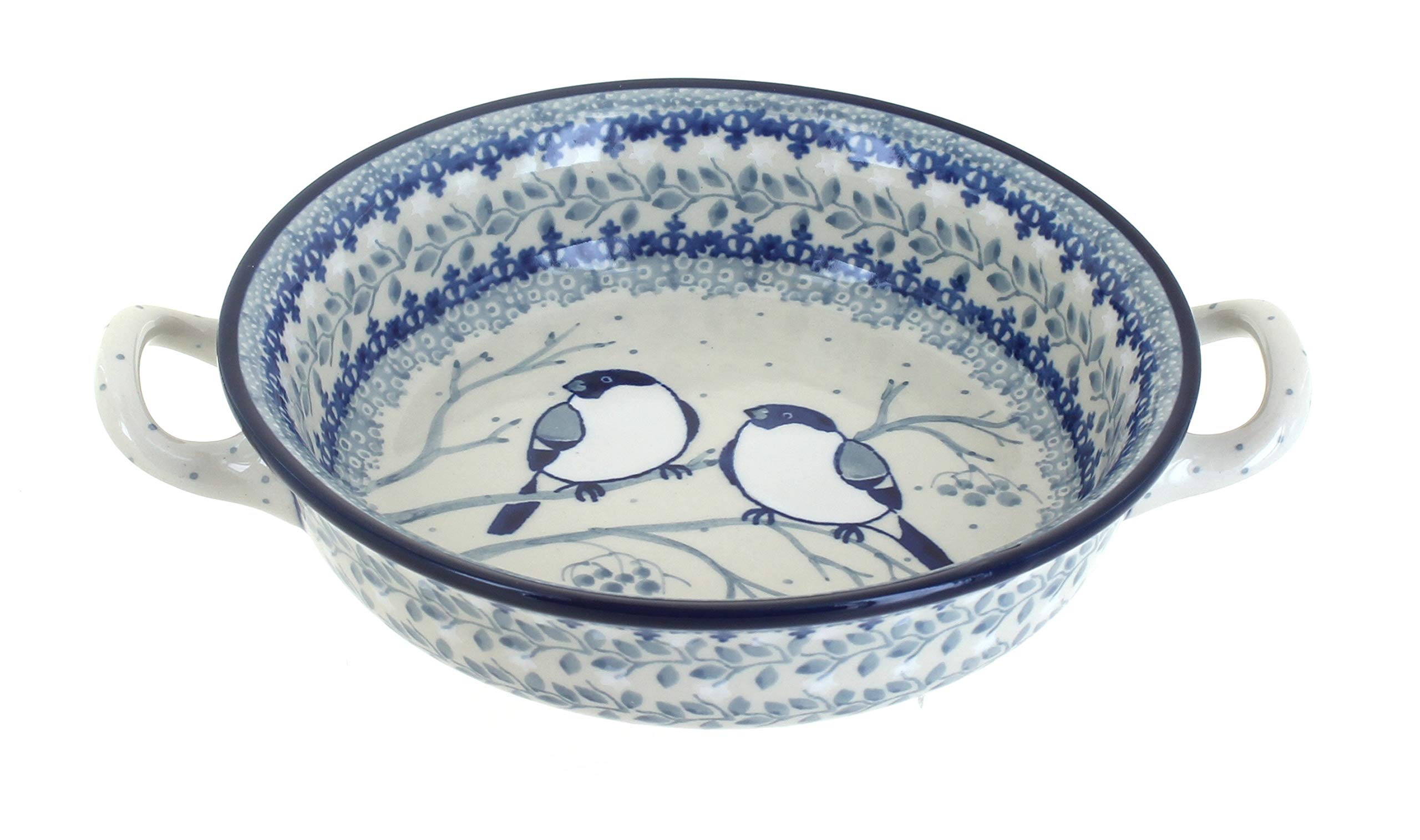 Handmade Blue Rose Polish Pottery Bluebird Mini Casserole Dish with Handles - Perfect for Serving Small Portions, Soups, and Desserts