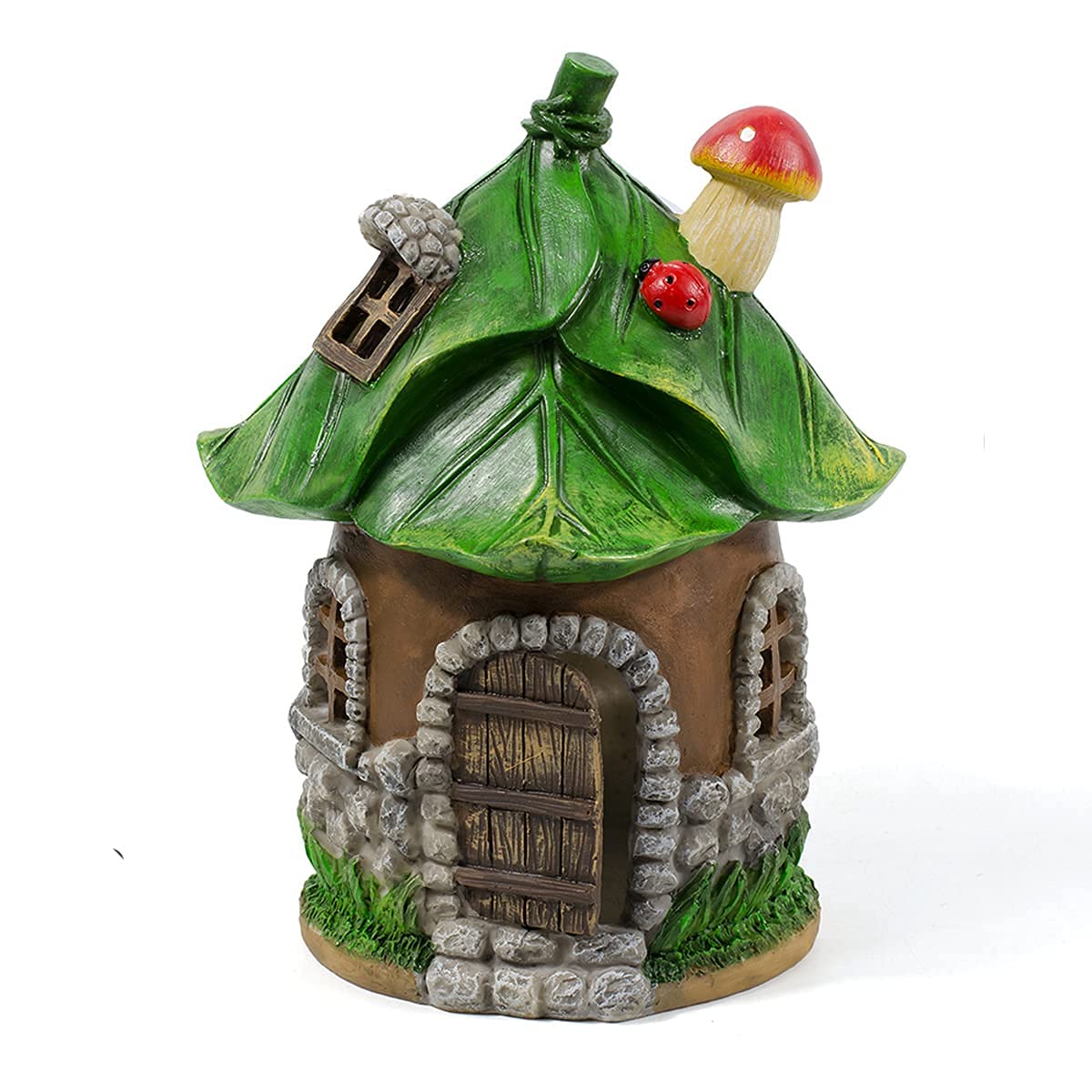 Miniature Fairy Garden House Statue - Hand-Painted Resin Sculpture with Solar LED Lights | Outdoor Decor for Patio, Yard, Lawn & Porch | Unique Gift Idea for Garden Lovers (Green Leaf House) - Perfect for Fairy Gardens, Backyard Decor & Magical Outdoor Spaces