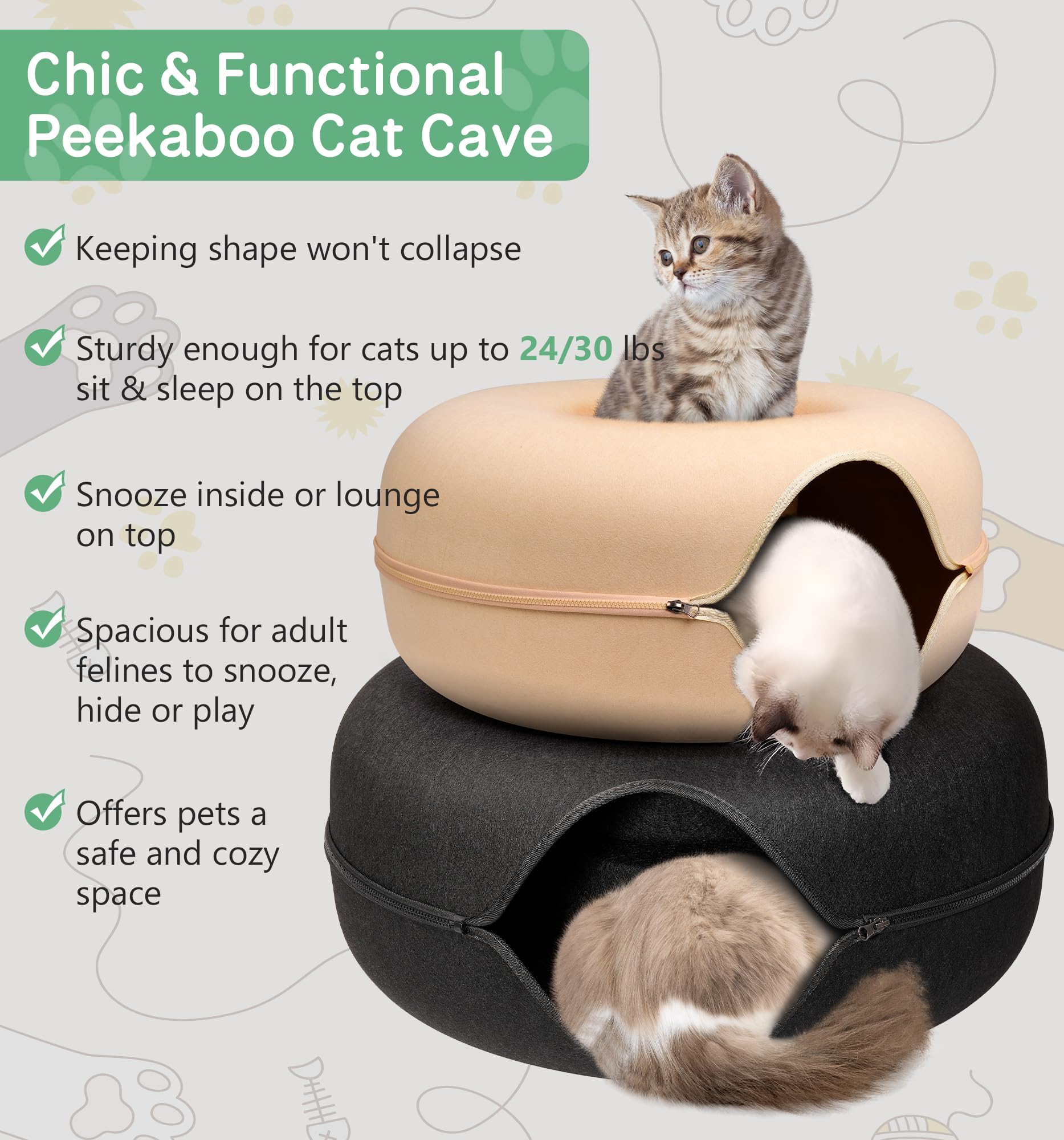 Peekaboo Cat Cave for Multiple & Large Cats - Washable & Detachable Scratching Donut Bed for Indoor Cats Up to 9 lbs - Cozy Cat Tunnel Bed in Yellow - Perfect for Napping, Playtime & Multi-Cat Households
