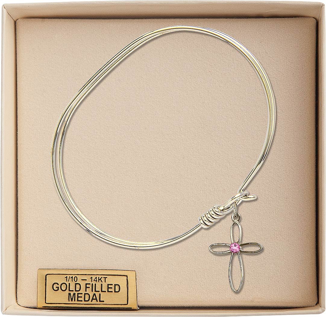 7 Inch Oval Eye Hook Bangle Bracelet with Loop Cross Medal Charm & Rose Crystal - Elegant Jewelry for Women, Perfect for Daily Wear, Parties, and Gifts