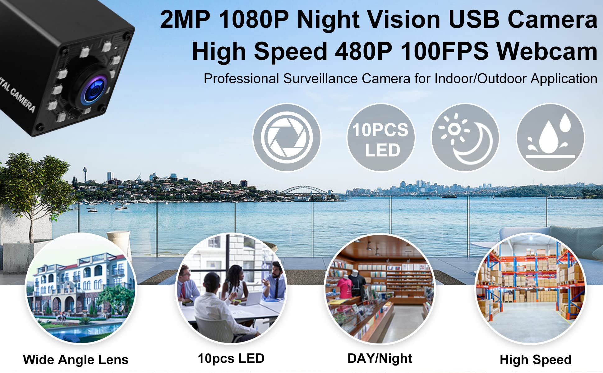 ELP 1080P Night Vision USB Webcam with Wide Angle Fisheye Lens - 2MP Mini IR Infrared Camera for Computer, UVC USB2.0 High Speed 100fps - Perfect for Home Surveillance, CCTV, Video Calls & Industrial Monitoring