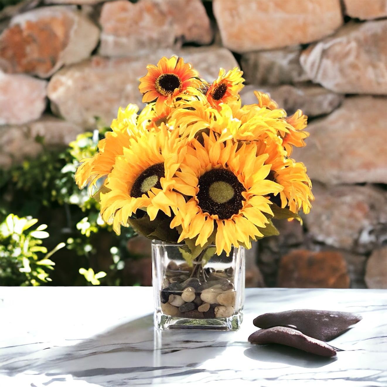 ENOVA HOME Mixed Sunflower Arrangement in Cube Glass Vase with River Rock & Faux Water - Yellow Orange Artificial Flowers for Home, Office, Wedding & Table Decor