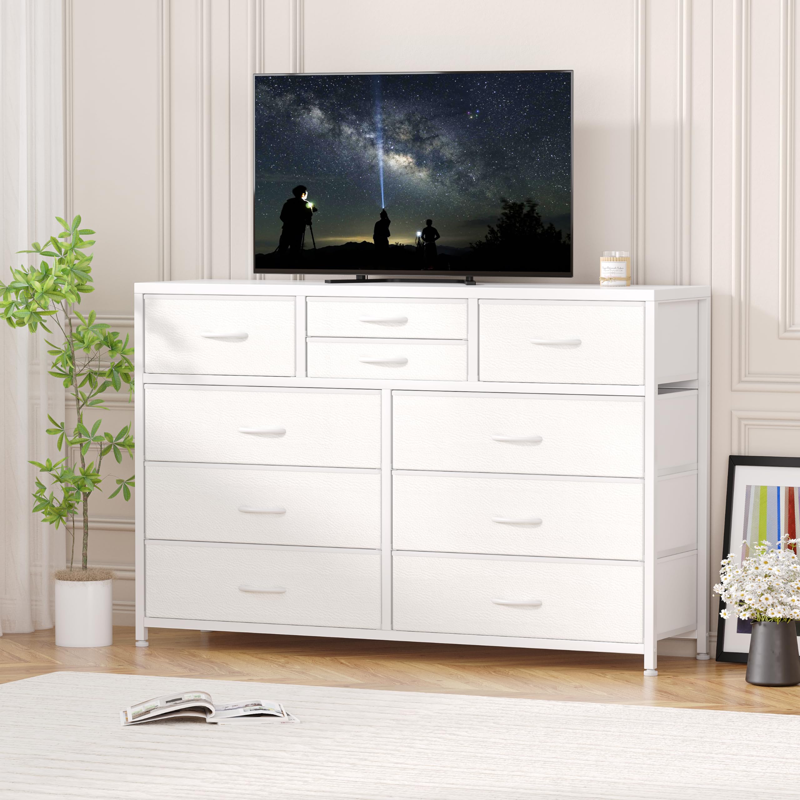Jojoka 10-Drawer Wide Dresser with Wood Top & Steel Frame - Fabric Storage Cabinet for Bedroom, Hallway, Nursery, Closet - Perfect TV Stand & Entertainment Center Organizer (White)