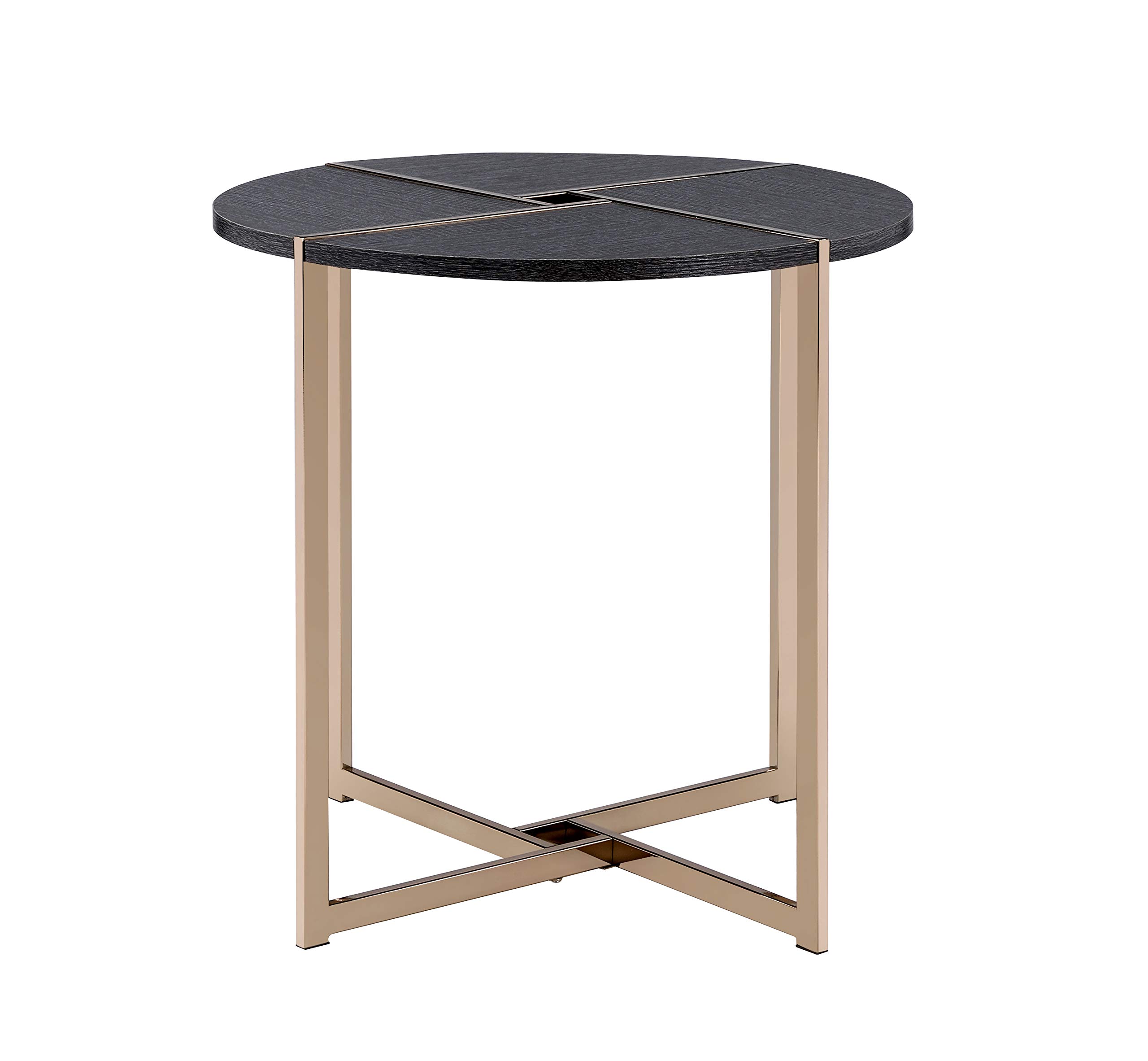 Benjara Modern End Table with X-Shaped Metal Base & Round Wooden Top - Gold & Gray Accent Table for Living Room, Bedroom, or Office Decor