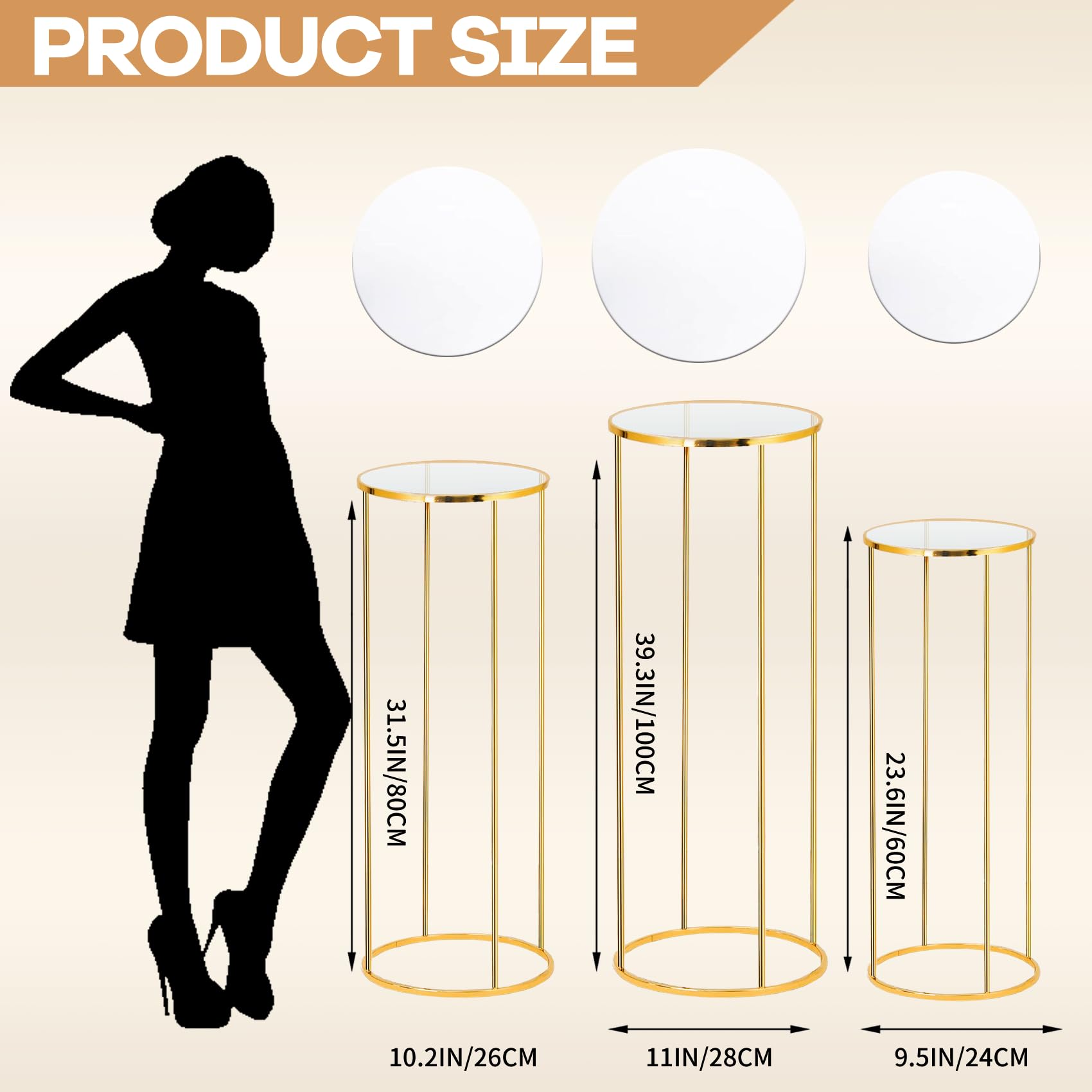 3pcs Gold Metal Plant Stands - Cylinder Pedestal Stands for Party Decor, Wedding Centerpieces & Home Display - Round Metal Columns for Cake Stands, Floor Plants & Event Decorations (Perfect for Weddings, Parties & Home Styling)