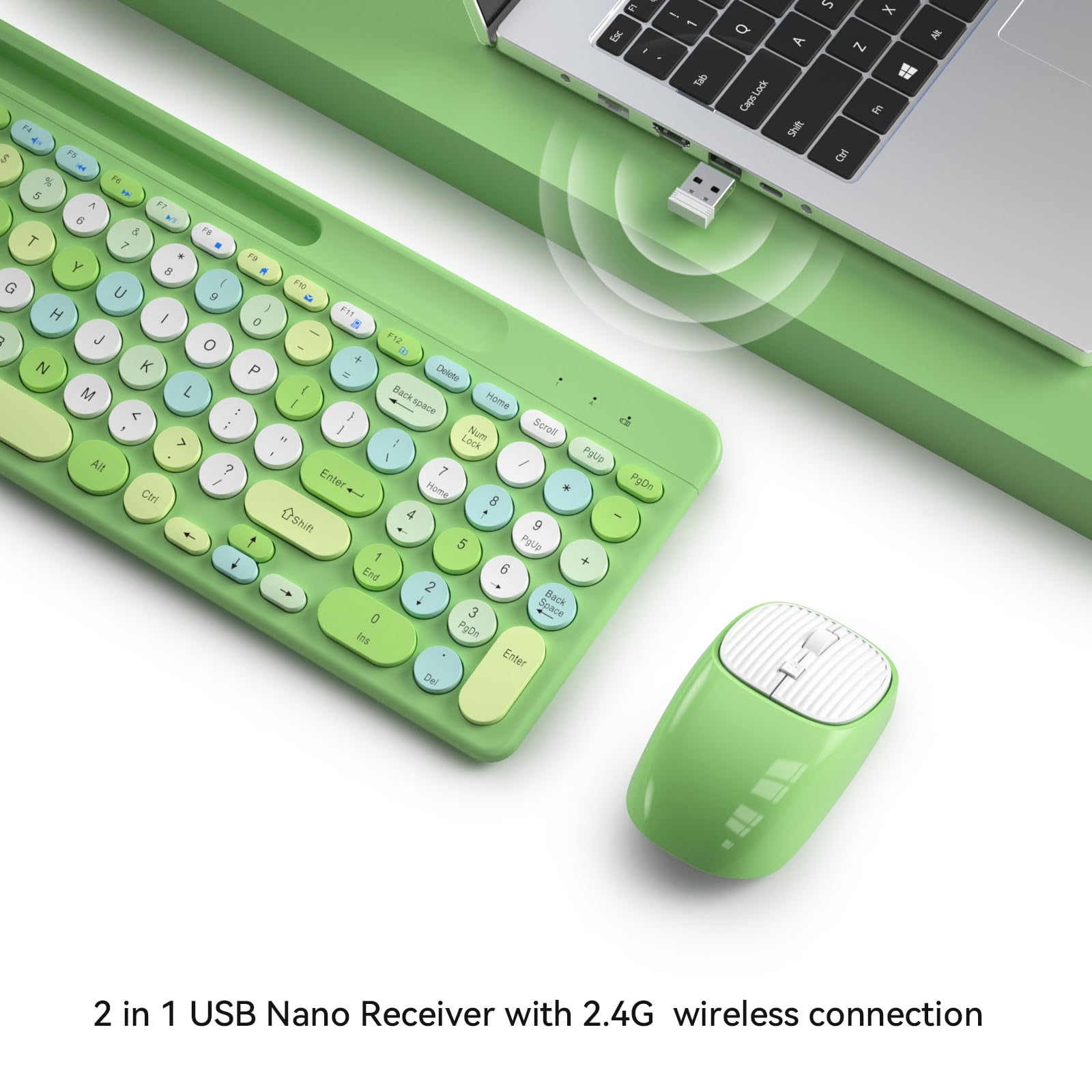 Retro Wireless Keyboard and Mouse Combo with Round Keycaps, 2.4GHz Full-Size USB Cute Green-Colorful Set for Computer, Desktop, Laptop, Home Office, and Gaming