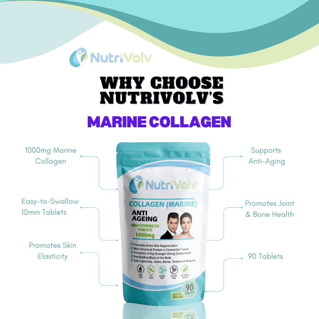 NutriVolv Marine Collagen 1000mg Supplement - Anti-Aging Support for Skin, Joints, Bones & Muscle Health | 90 Capsules | Promotes Skin Elasticity & Joint Mobility | Supports Healthy Hair & Nails | Ideal for Active Adults & Mature Skin Care Routine
