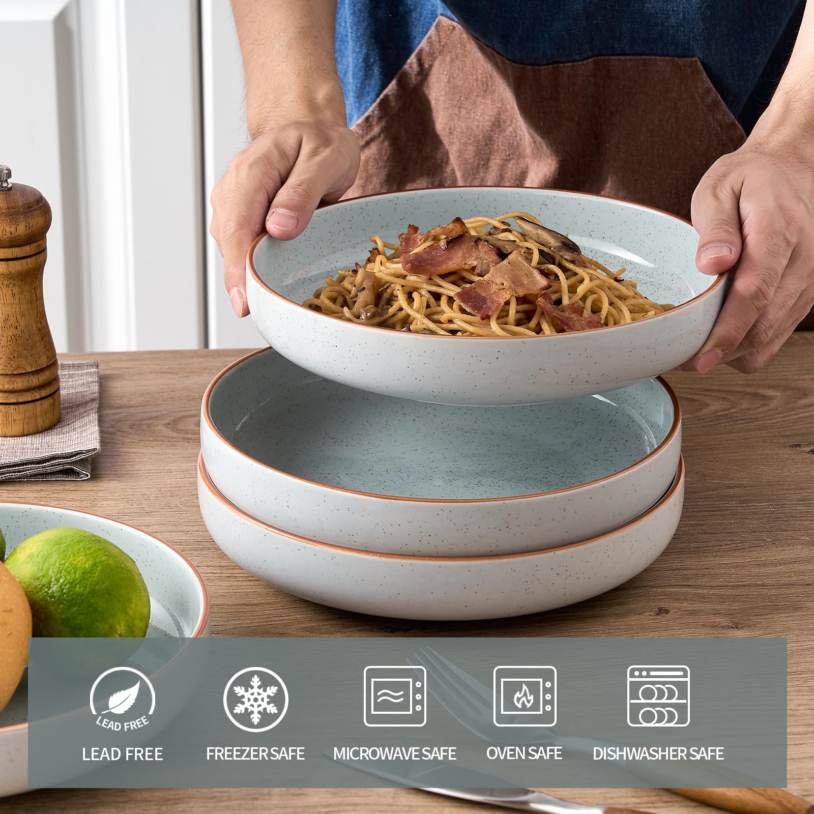 SIDUCAL 40 oz Ceramic Pasta Bowls Set of 4 - Large Microwave & Dishwasher Safe Porcelain Salad Dishes for Pasta, Soup, Salad - Perfect for Mother's Day Gift, Family Dinners & Entertaining (Light Gray)