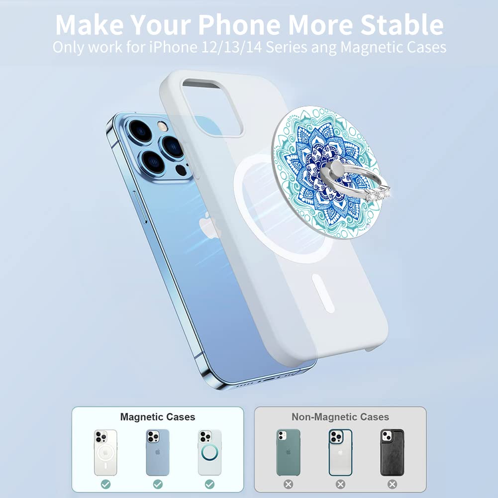 Magnetic Phone Ring Stand with Diamond Design - 360° Rotation Metal Finger Grip Holder Compatible with MagSafe Accessories for iPhone 14/13/12 Series (Blue) - Perfect for Hands-Free Viewing, Selfies & Secure Grip