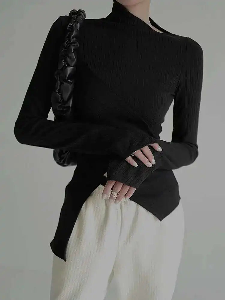 Women's Black Irregular High Elastic Knit Turtleneck Sweater Long Sleeve Pullover - Trendy Spring & Fall 2025 Fashion (1DF490) | Perfect for Office Wear, Casual Outings & Layering