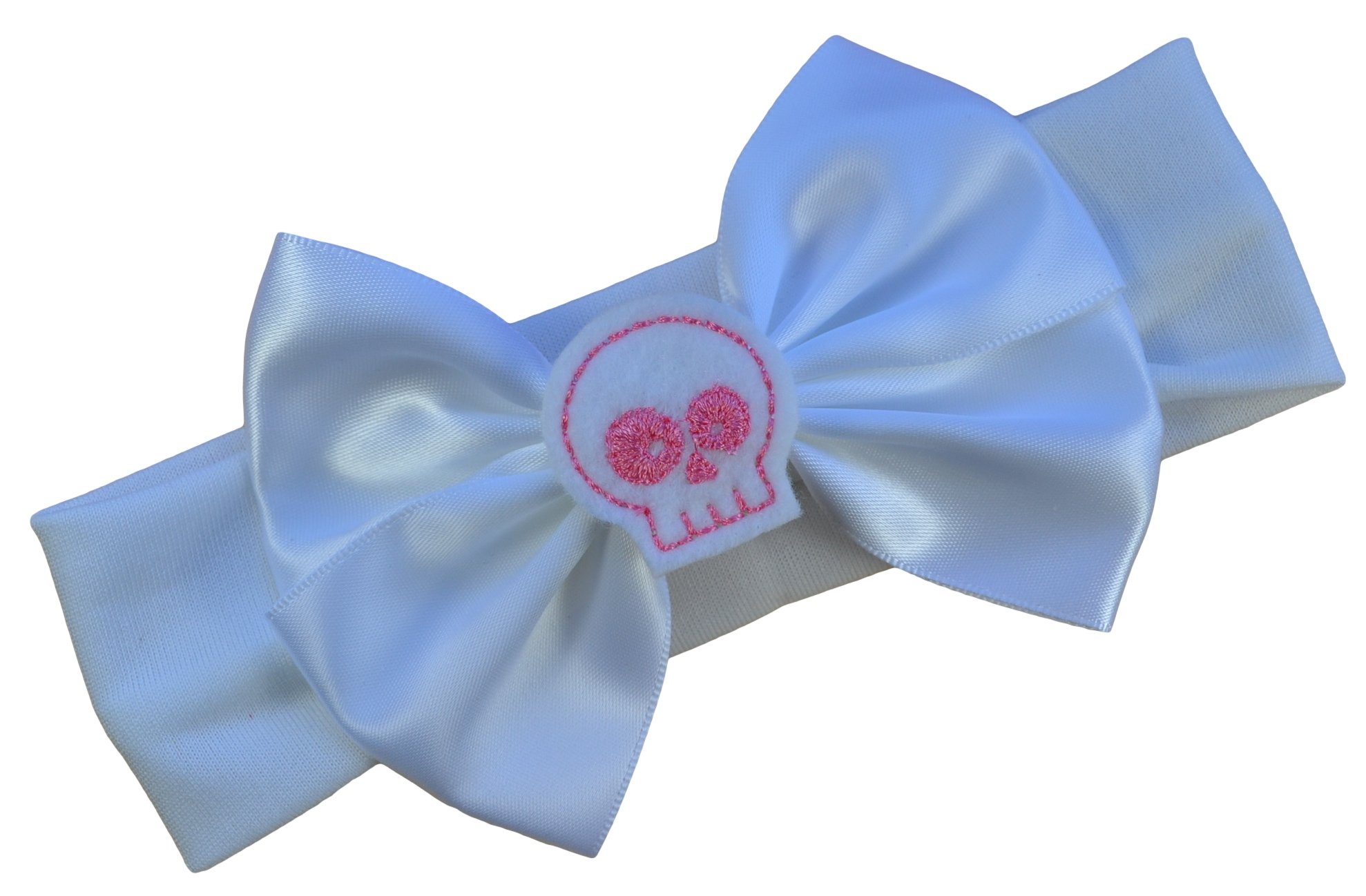 Funny Girl Designs Satin Bow & Felt Skull Baby Headband - Newborn to 12 Months - White Bow with Pink & White Skull - Perfect for Photoshoots, Baby Showers & First Birthday Parties