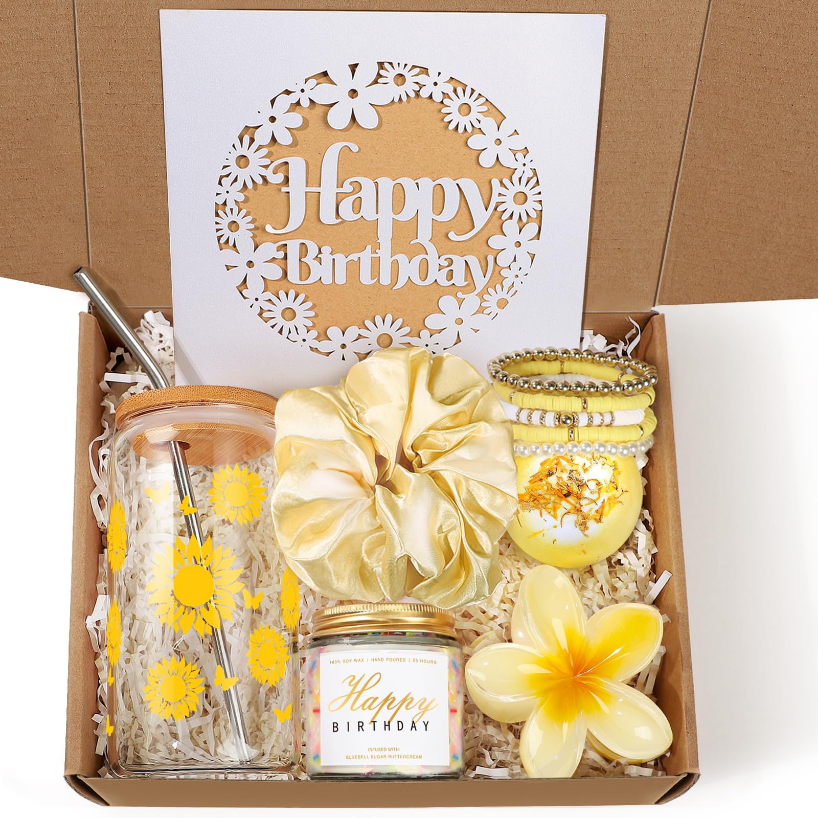Sunflower Sunshine Glass Cup Gift Set for Women - 16oz Yellow Happy Birthday Present for Her, Sister, Daughter, Friend - 7PCS Friendship Gifts for Teen Girls & Women - Perfect for Birthday Celebrations, Housewarming, Thank You Gifts & Daily Use