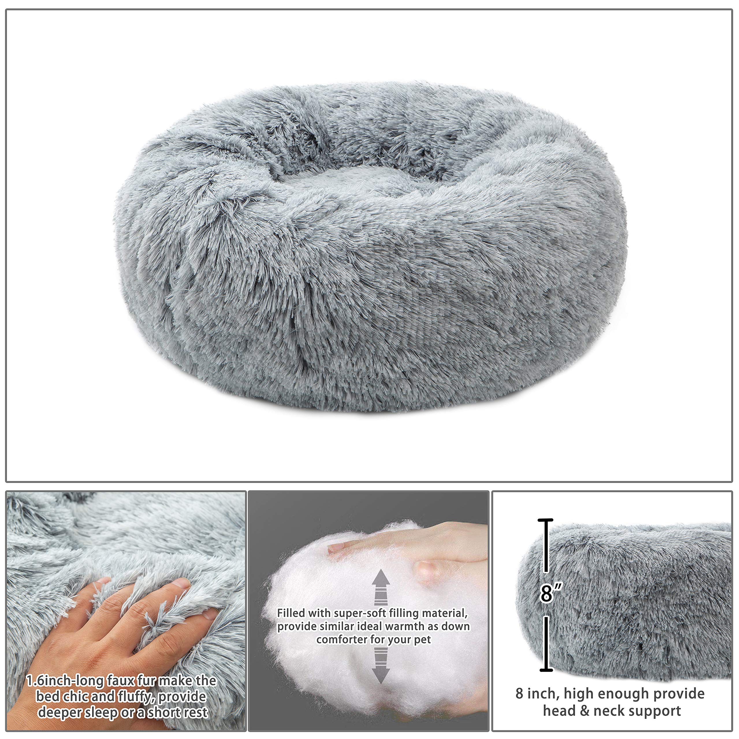 Calming Donut Dog & Cat Bed XL - Plush Soft Round Pet Cuddler with Anti-Anxiety Warmth, Cozy Fluffy Faux Fur Cushion for Dogs & Cats (32 Inch, Grey) - Perfect for Anxiety Relief, Cuddling & Warm Napping in Living Room or Bedroom
