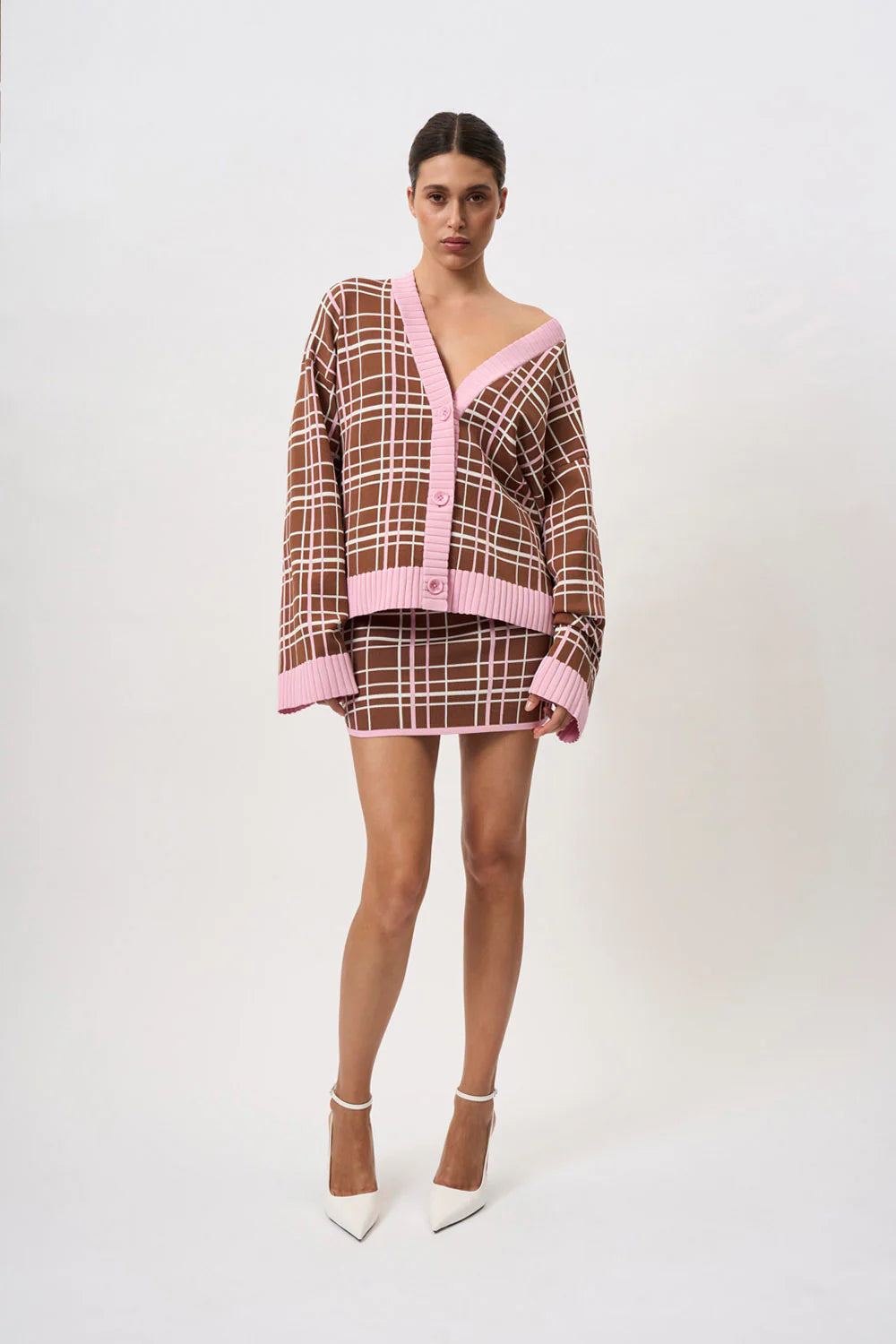 Carolina Check Knit Mini Skirt - Brown & Pink | Women's Fashion Skirt for Casual Outfits, Parties & Date Nights