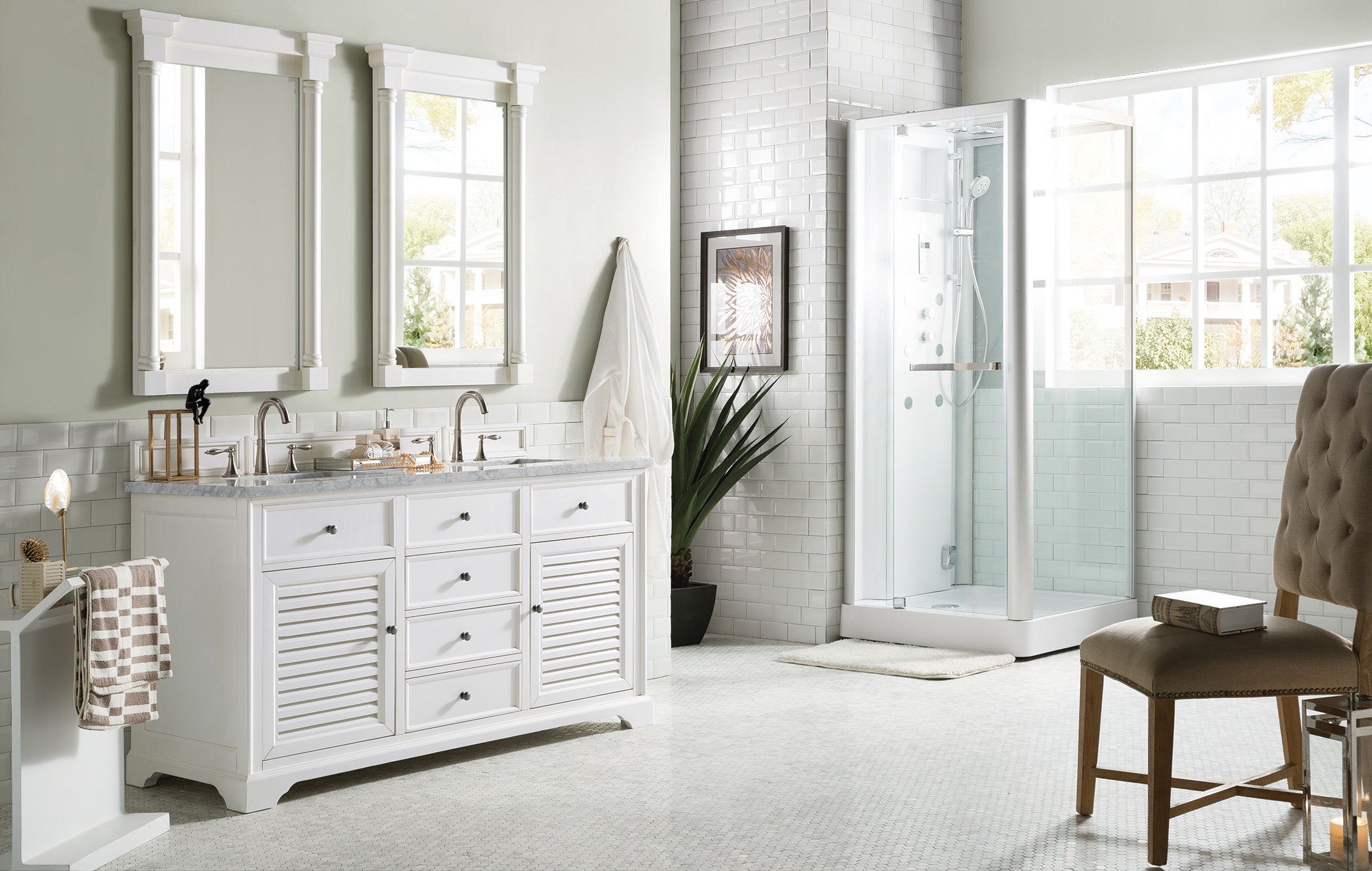 Savannah 60-Inch Bright White Double Bathroom Vanity with 3CM Carrara White Marble Top - Perfect for Master Bathroom Renovation & Modern Home Decor