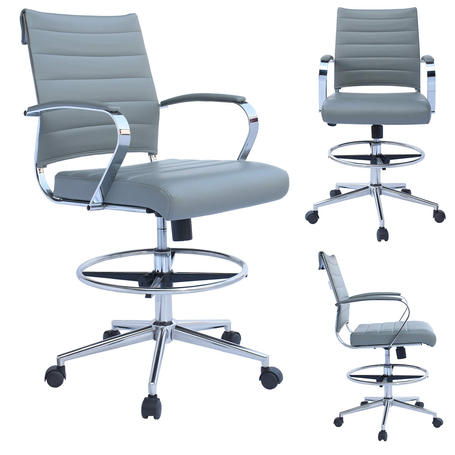 2xhome Modern Adjustable Ergonomic Office Chair with Arms - Grey Ribbed Designer Drafting Chair for Home Office, Computer Work & Creative Workspaces
