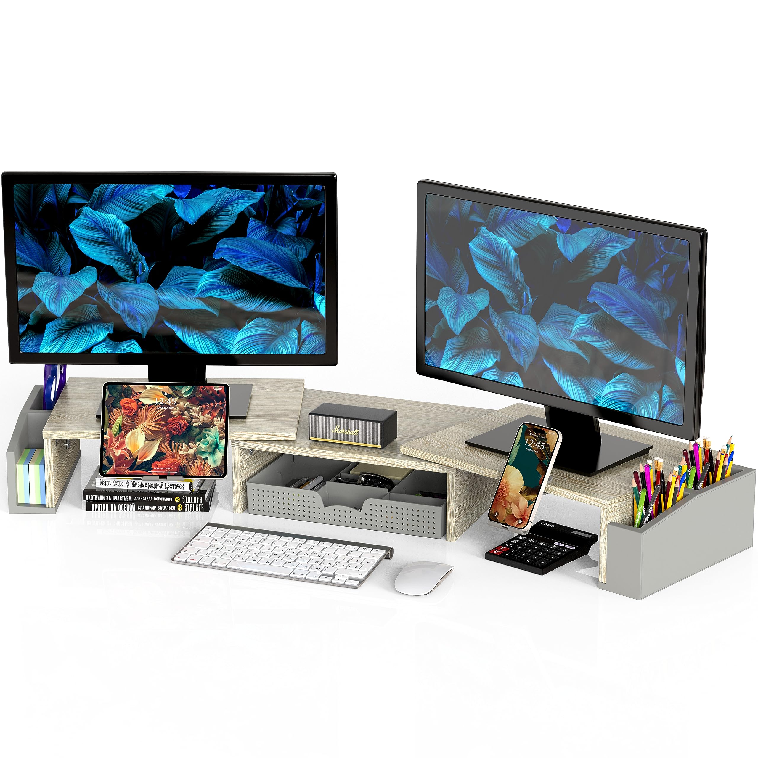 Dual Monitor Stand Riser with Storage Drawer - Maple Wood Desktop Organizer for Home & Office Workspace
