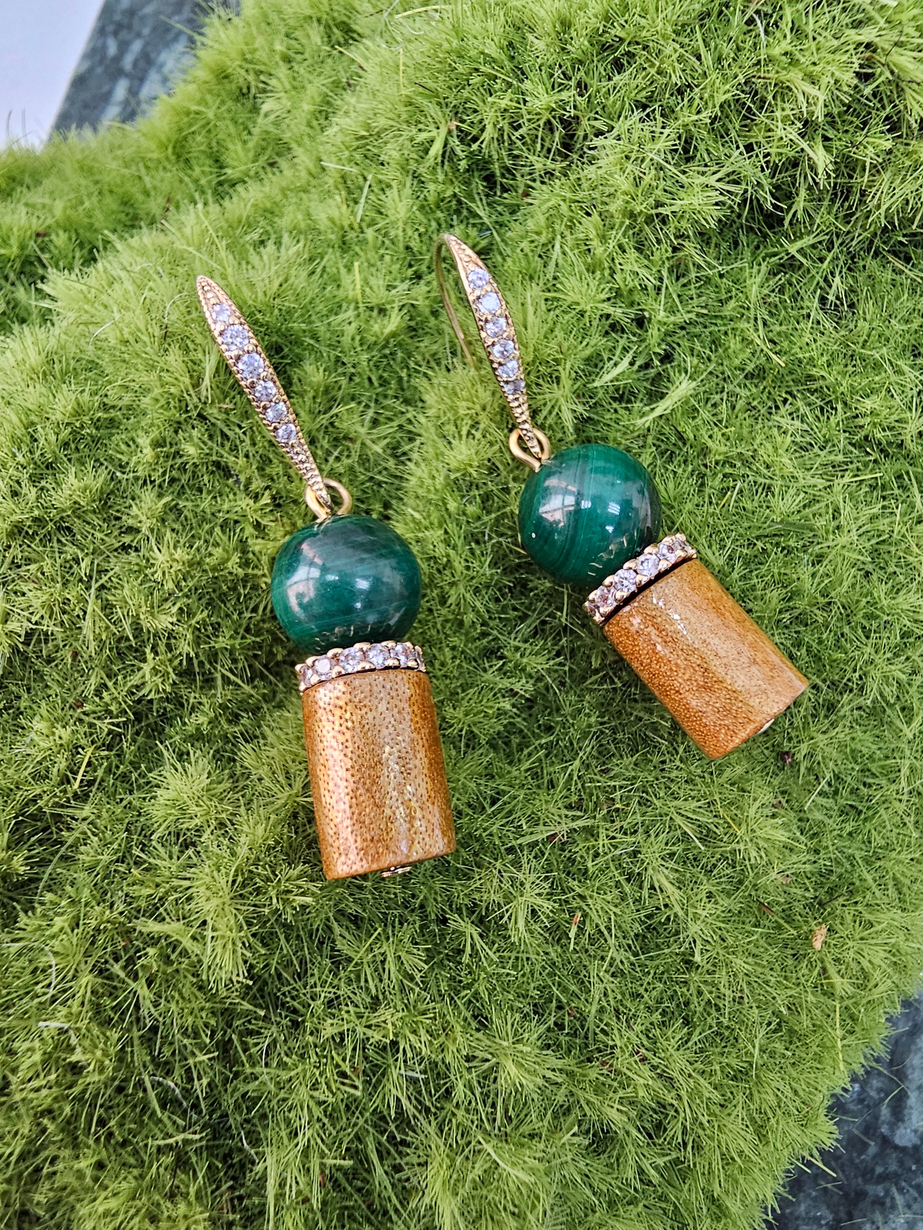 Golden Coral and Malachite Dangle Earrings NE033 - Elegant Handmade Jewelry for Women, Perfect for Parties, Weddings & Special Occasions