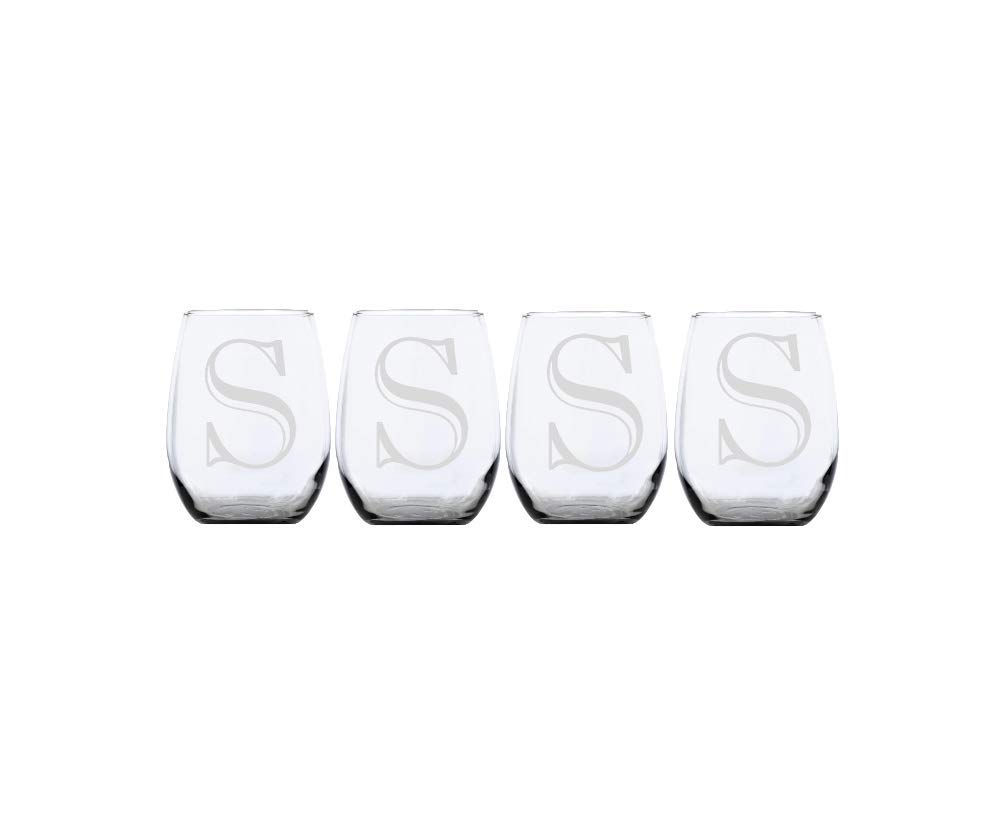 Personalized Stemless Wine Glasses 4pk - Monogrammed Letter S - for Parties & Gifts