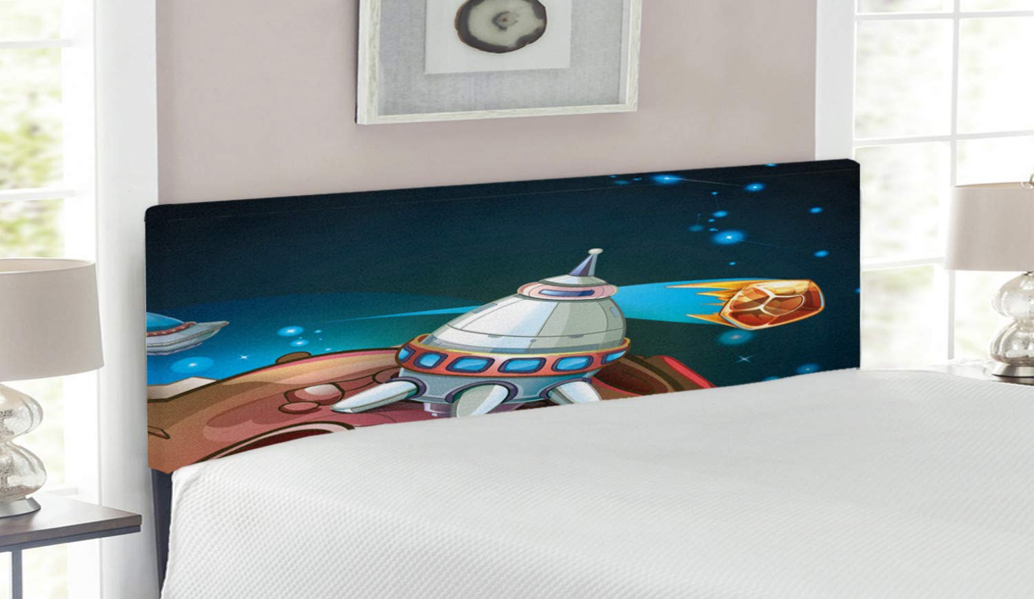 Ambesonne Cartoon Upholstered Headboard - Queen Size Spacecraft Planets Galaxy Theme with Memory Foam - Outer Space Rocket Stars Cosmic Illustration Decorative Metal Bed Headboard - Perfect for Kids' Room, Teen Bedroom & Space-Themed Home Decor