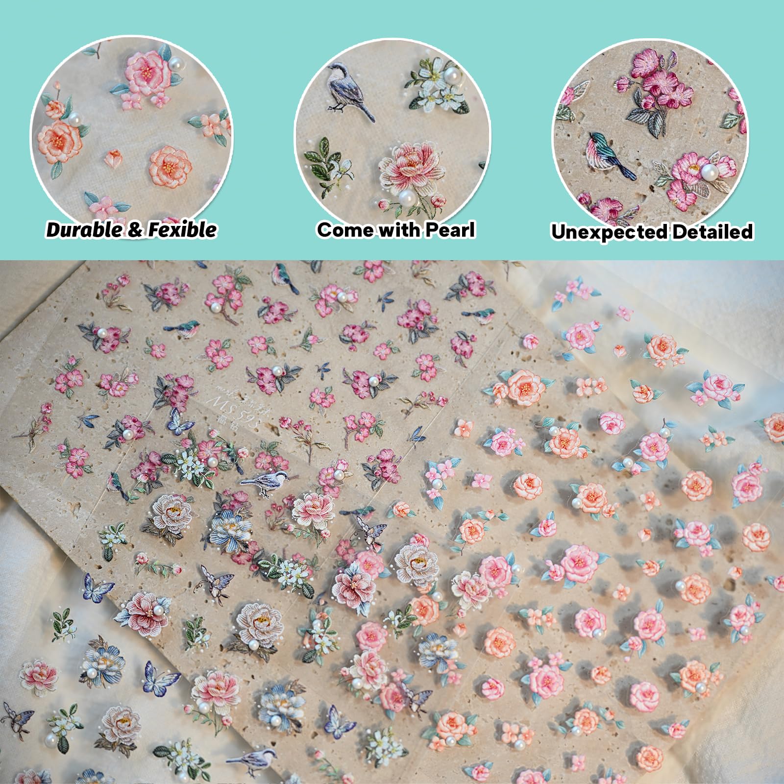 Vintage Rose Bird Nail Art Stickers with Pearl Rhinestones - Self-Adhesive Embossed Nail Decals for Women (3 Sheets) | Perfect for DIY Manicures, Bridal Nails, and Special Occasion Nail Designs