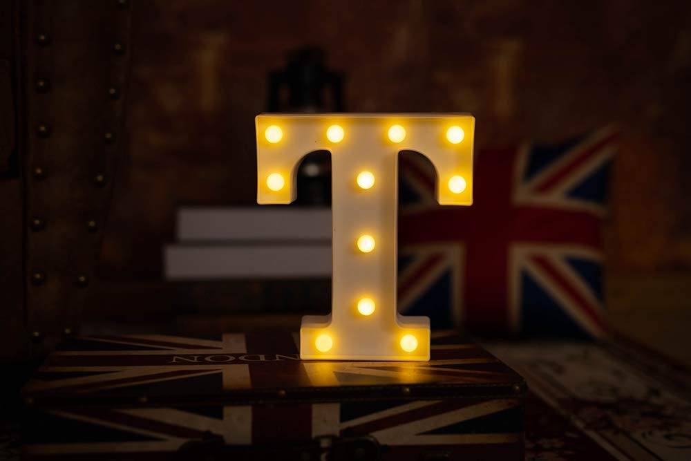 LED Light Up Letter Sign - Battery Powered Alphabet Lights for Wedding, Birthday, Party & Christmas Decor - Home Bar, Nursery Night Light & Holiday Lighting (Letter T)