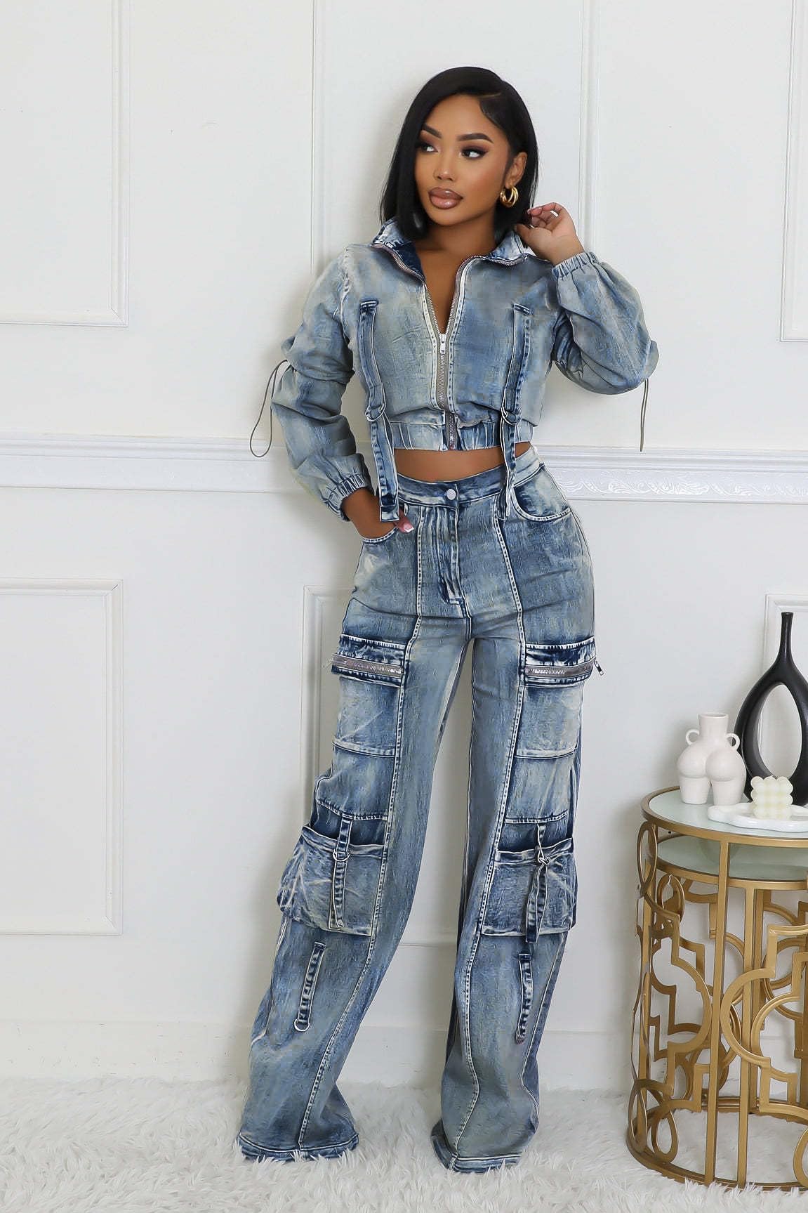 Molilove Women's Two Piece Denim Outfit - Long Sleeve Cropped Jean Jacket & Cargo Pants with Pockets | Y2K Streetwear Tracksuit Set | Casual Outing, Party Wear & Fashion Photoshoot