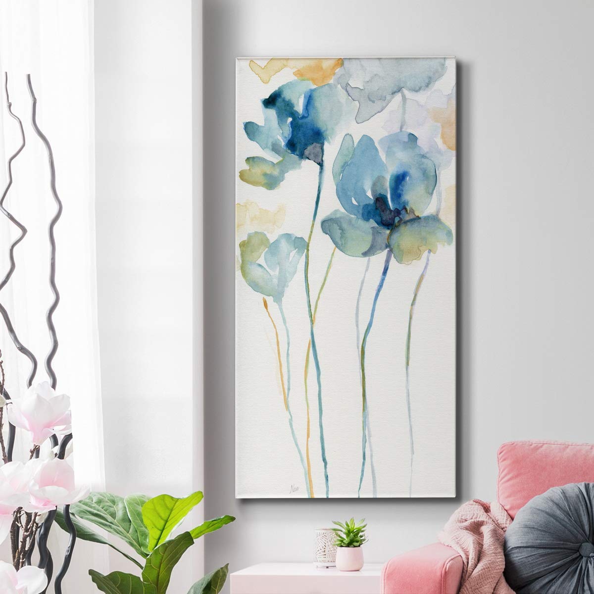 Blue and White Floral Canvas Wall Art - 8x16 Inch Modern Flower Painting Print for Home Decor, Bedroom, Living Room, Dining Room & Office - Perfect for Adding Elegance to Your Walls