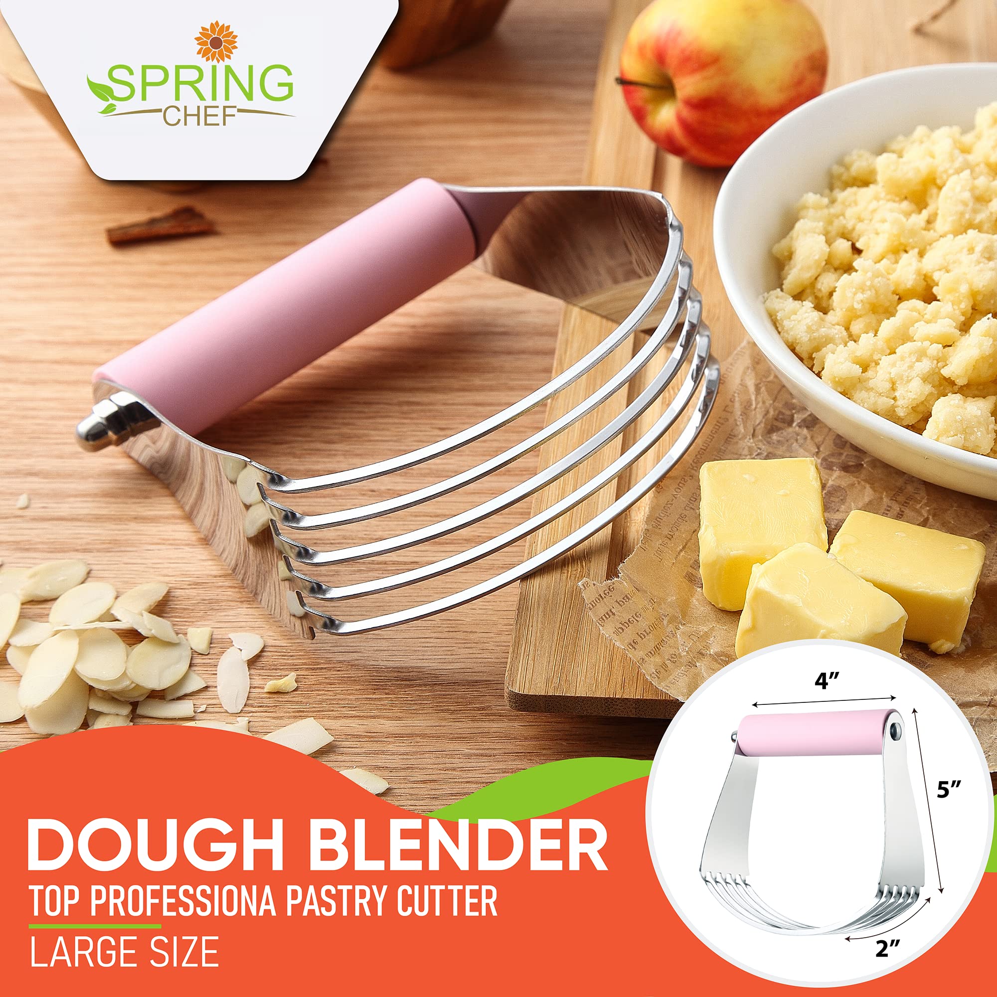 Spring Chef Large Dough Blender for Baking - Professional Stainless Steel Pastry Cutter & Mixing Tool | Dishwasher Safe | Perfect for Pies, Cookies, Biscuits & Pastry Making (Pink Lemonade)