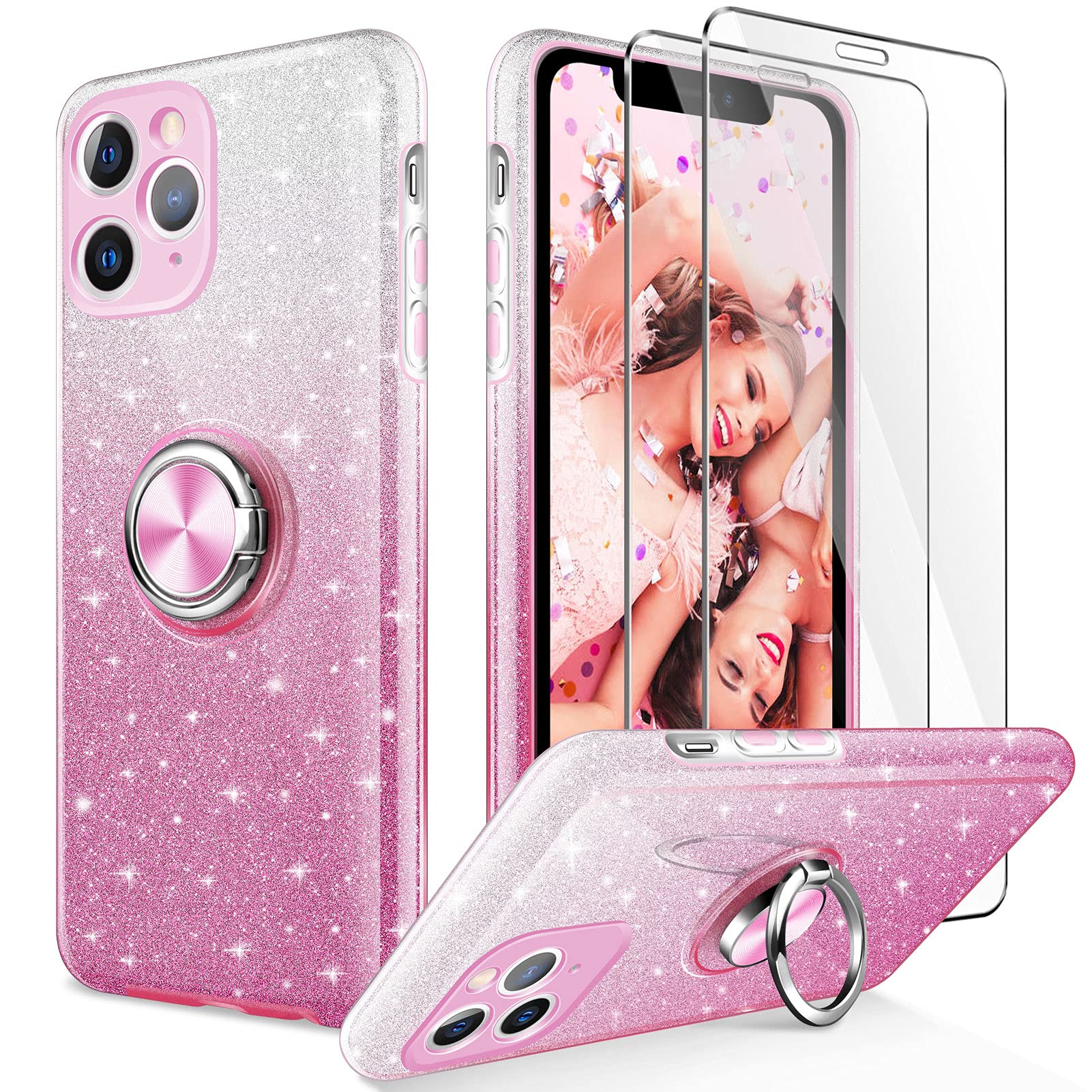 **KSWOUS iPhone 11 Pro Max Case 6.5 Inch with 2 Pack Screen Protector – Sparkly Glitter Bling Shockproof Protective Phone Cover for Women & Girls | Kickstand Design | Perfect for Daily Use, Travel & Gifts (Pink)**