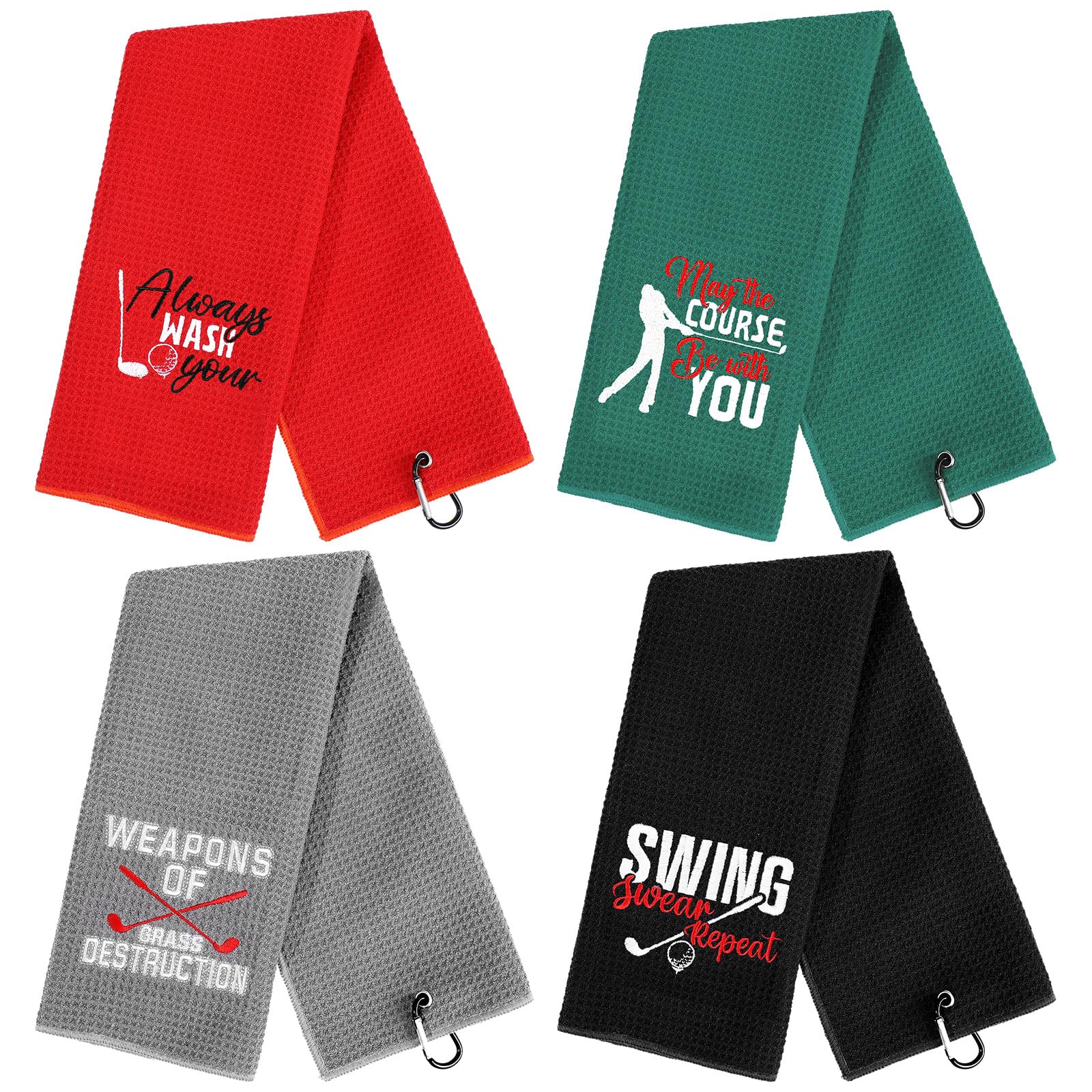 4 Pack Funny Golf Towels with Clip - Embroidered Golf Accessories for Golf Bags & Clubs - Perfect Gift for Men, Women, Golf Fans (24