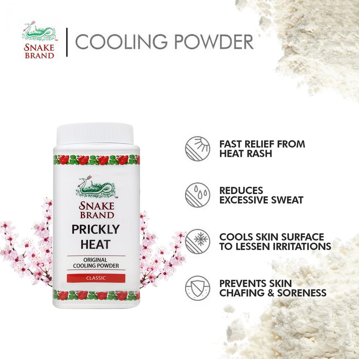 Snake Brand Prickly Heat Cooling Talcum Powder with Japanese Sakura Scent - 50g (Pack of 4) | Heat Rash Relief & Body Cooling Powder | Ideal for Summer, Gym & Outdoor Activities