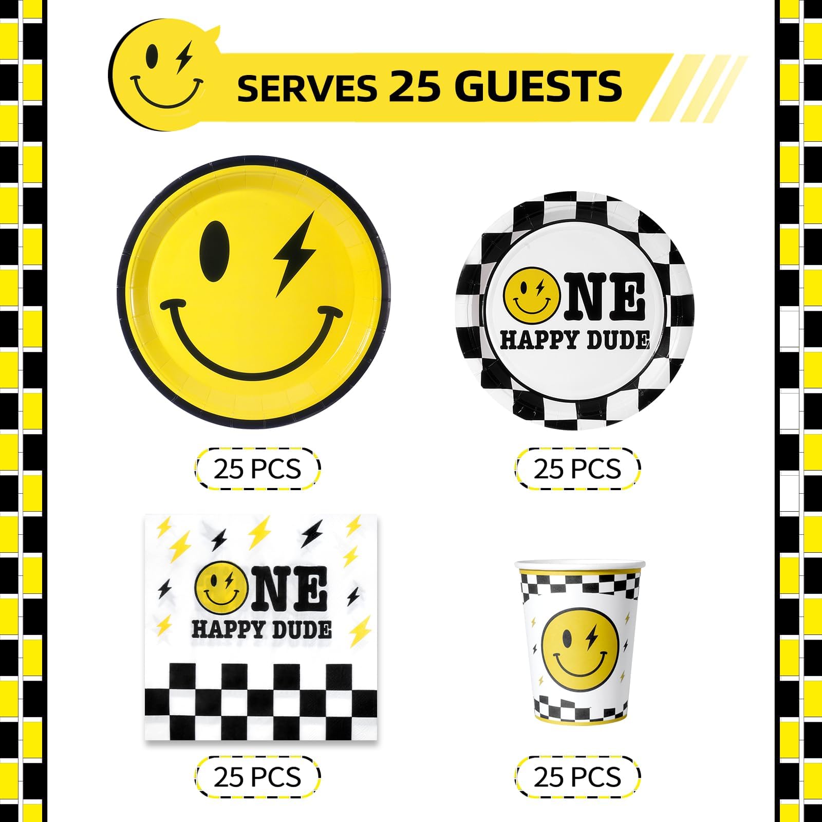 One Happy Dude Birthday Party Supplies Set - 25 Yellow Smile Face Paper Plates, Cups & Napkins | Disposable Tableware for Birthday, Baby Shower, Wedding & Bachelor Party Decorations | Perfect for Indoor & Outdoor Celebrations