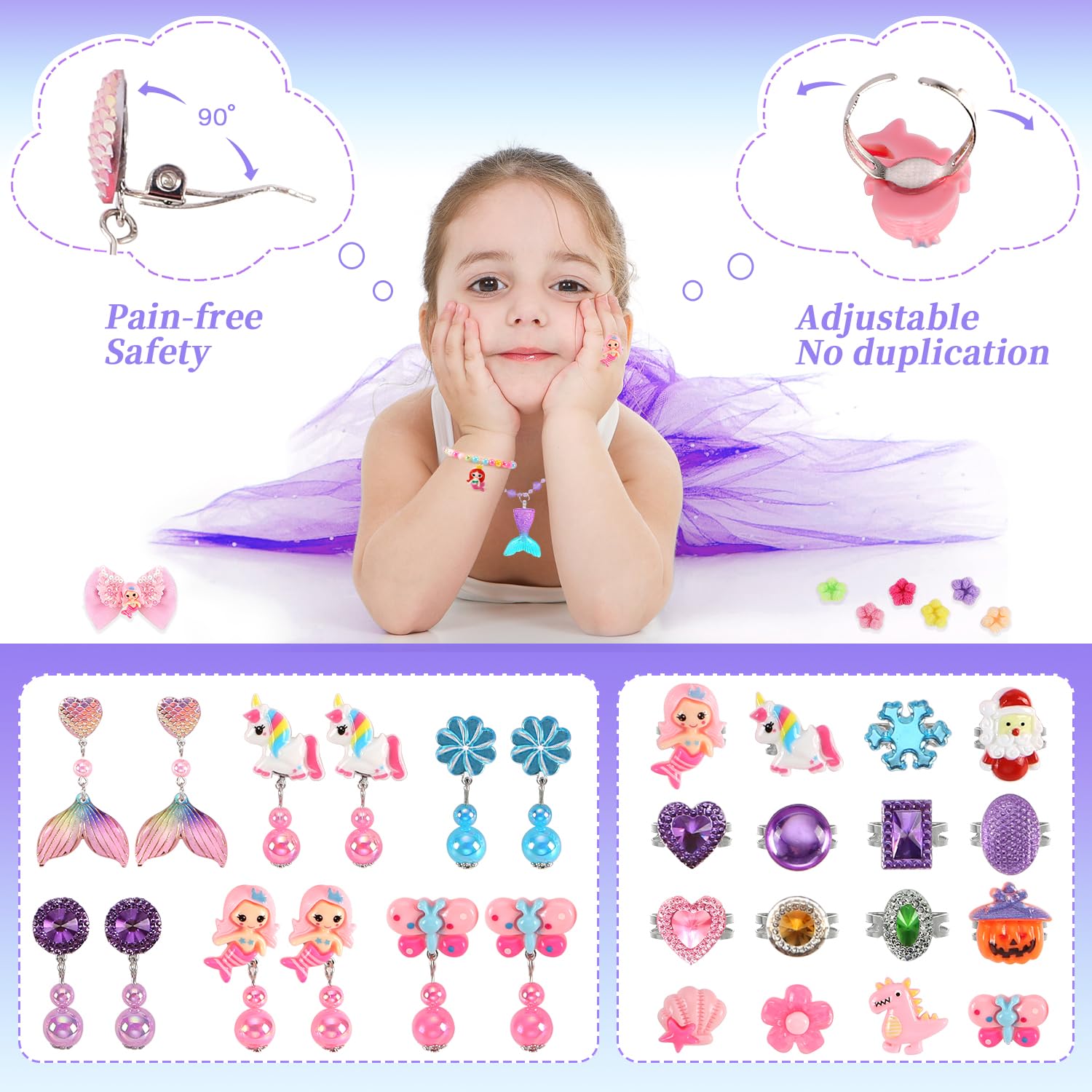51 Pcs Girls Jewelry Set for Toddlers Ages 3-10 - Clip on Earrings, Adjustable Rings & Hair Clips - Princess Dress Up Toys for Birthday & Christmas Gifts - Perfect for Pretend Play, Tea Parties & Dress Up Games