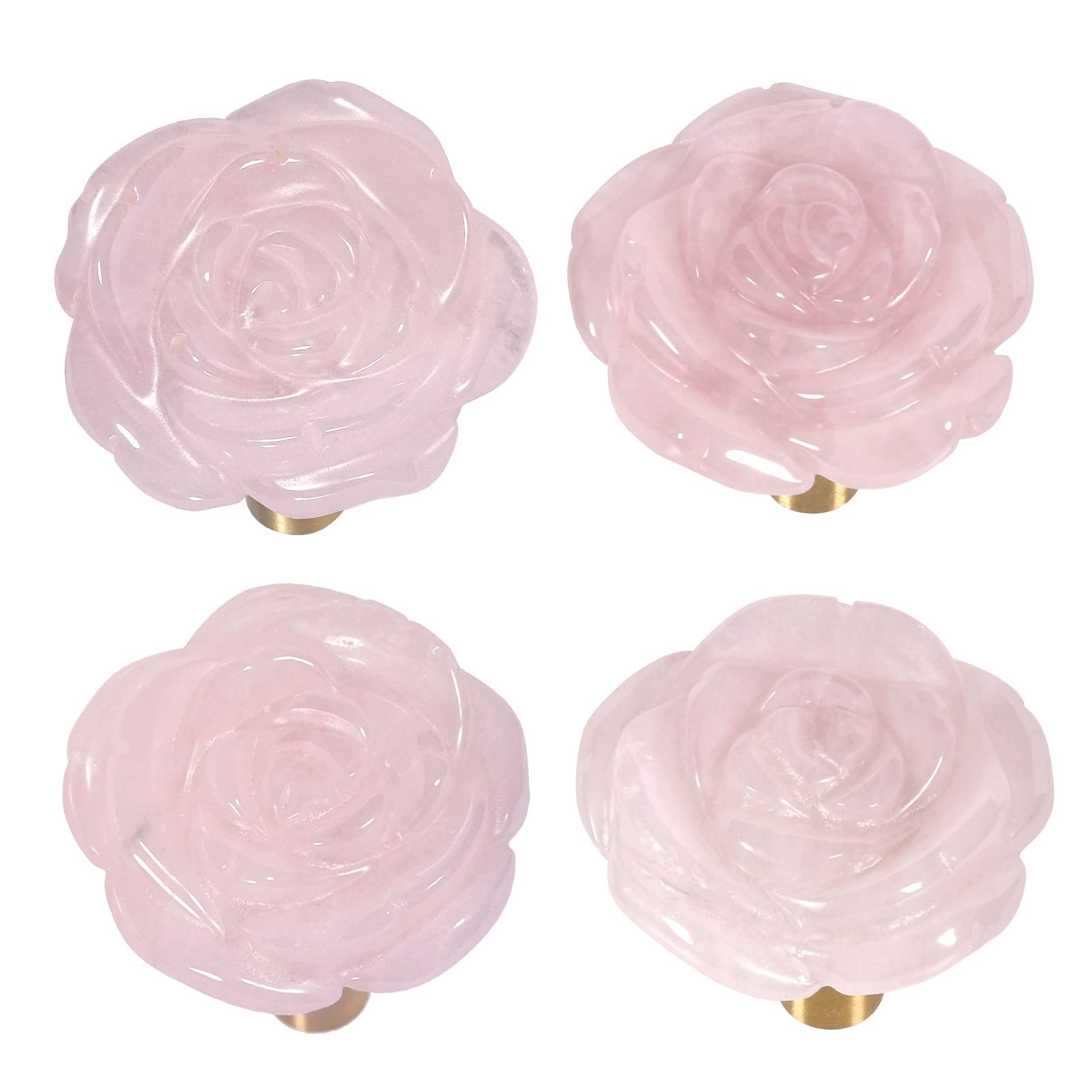 Set of 4 Natural Rose Quartz Crystal Cabinet Knobs with Screws - Floral Stone Drawer Pulls for Dresser, Door & Kitchen - Elegant Home Decor for Bedroom, Bathroom & Vanity