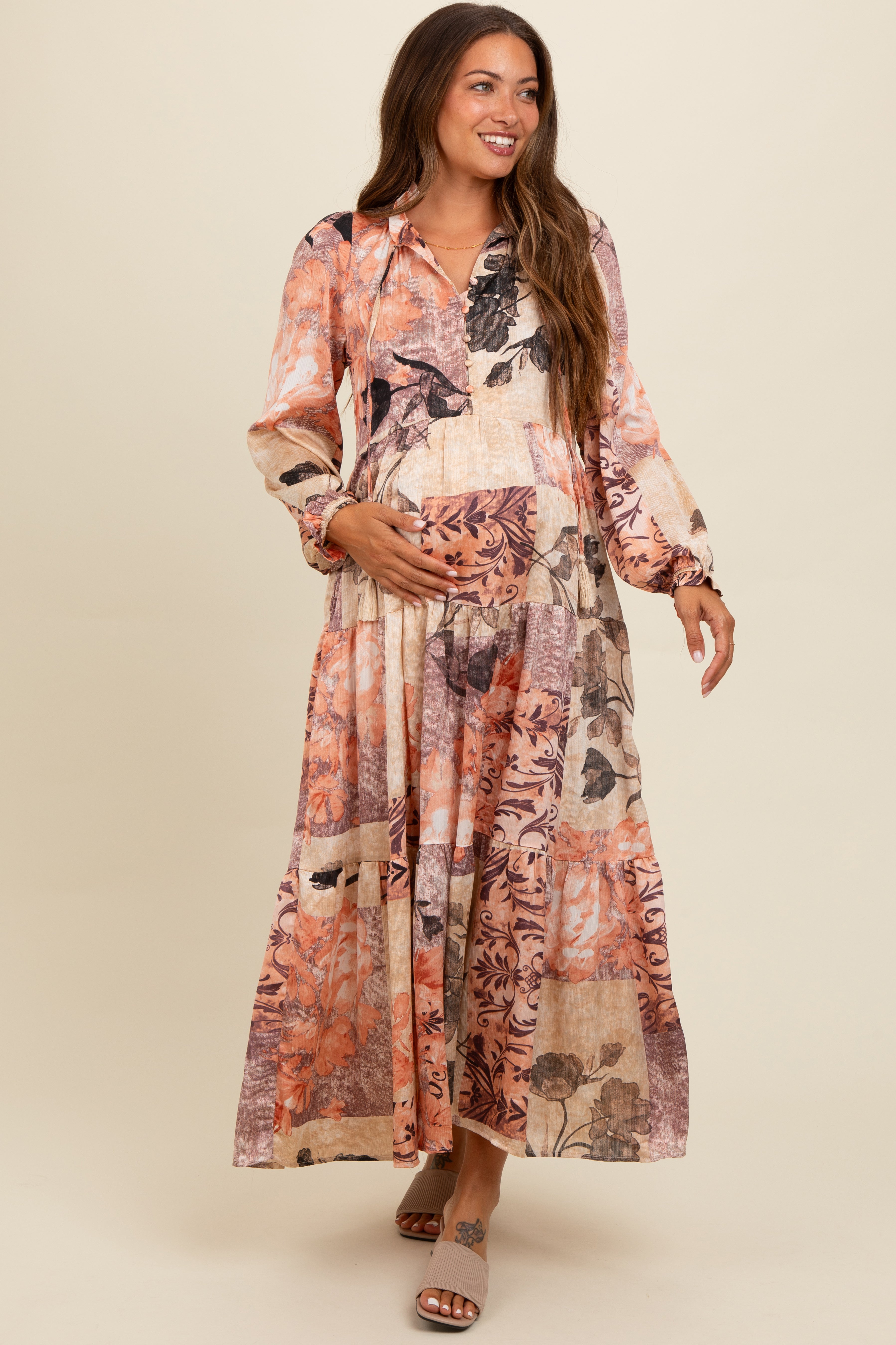 Beige Patchwork Satin Tiered Button Front Maternity Midi Dress for Pregnancy, Nursing & Special Occasions | Comfortable & Stylish Maternity Wear for Baby Showers, Weddings & Everyday Use