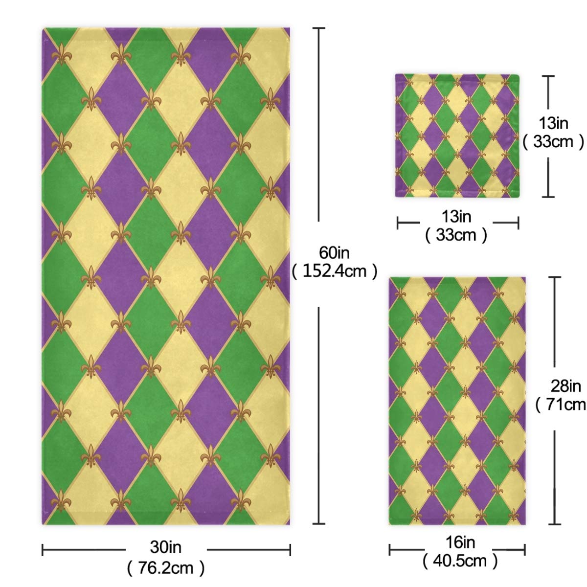 Premium Mardi Gras Fleur De Lis Pattern Luxury Bath Towel Set - 3-Piece Soft Decorative Towels (Bath, Hand & Washcloth) for Home, Hotel, Spa, Beach & Gym - Absorbent Quick-Dry Bathroom Essentials