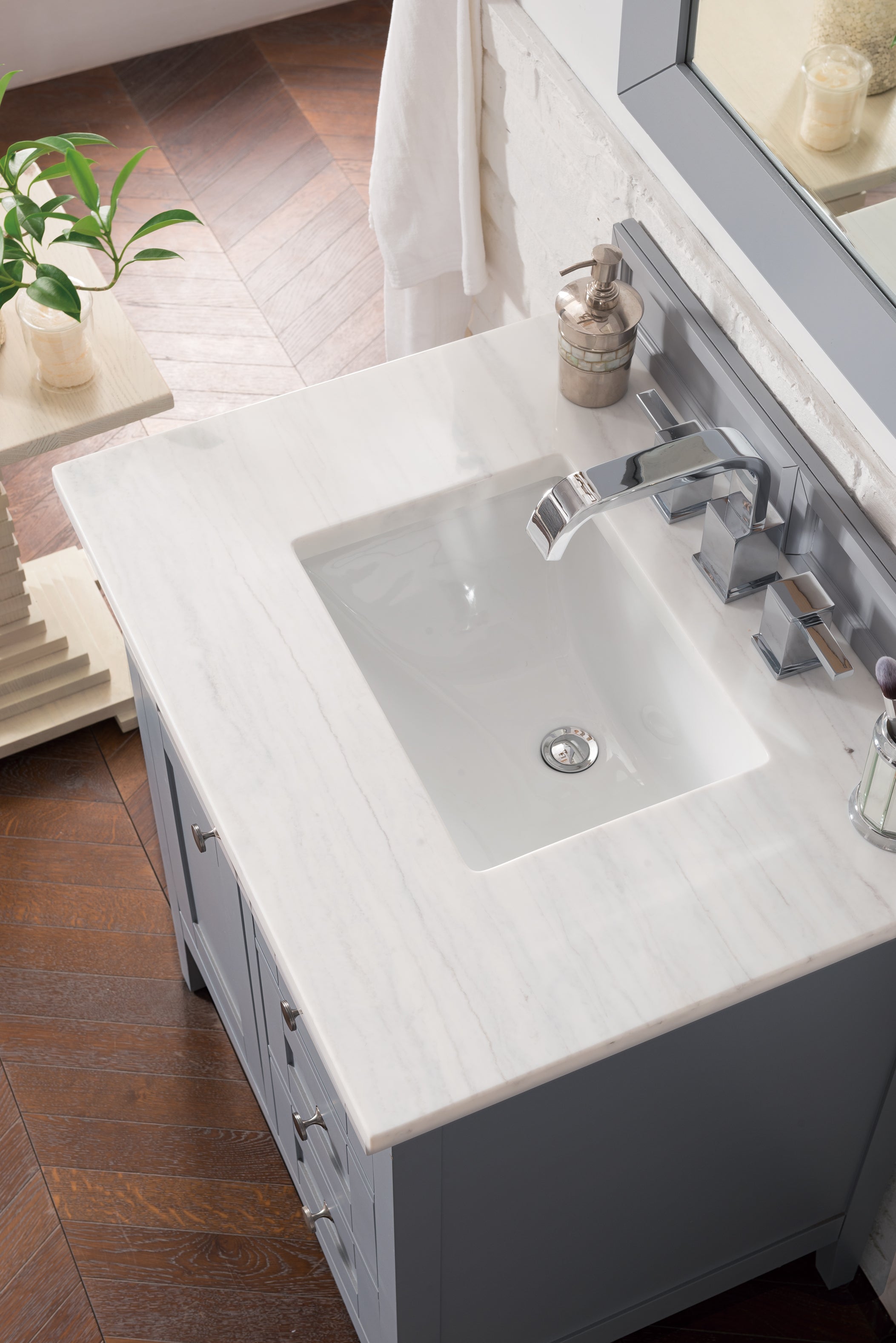 Palisades 30 Inch Single Bathroom Vanity with 3CM Arctic Fall Solid Surface Top in Silver Gray - Perfect for Modern Bathroom Remodeling and Small Space Design