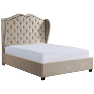 Beige Button Tufted Wingback Queen Size Bed Frame - Solid Wood Construction with Fabric Upholstery | Perfect for Master Bedroom, Guest Room & Luxury Home Decor