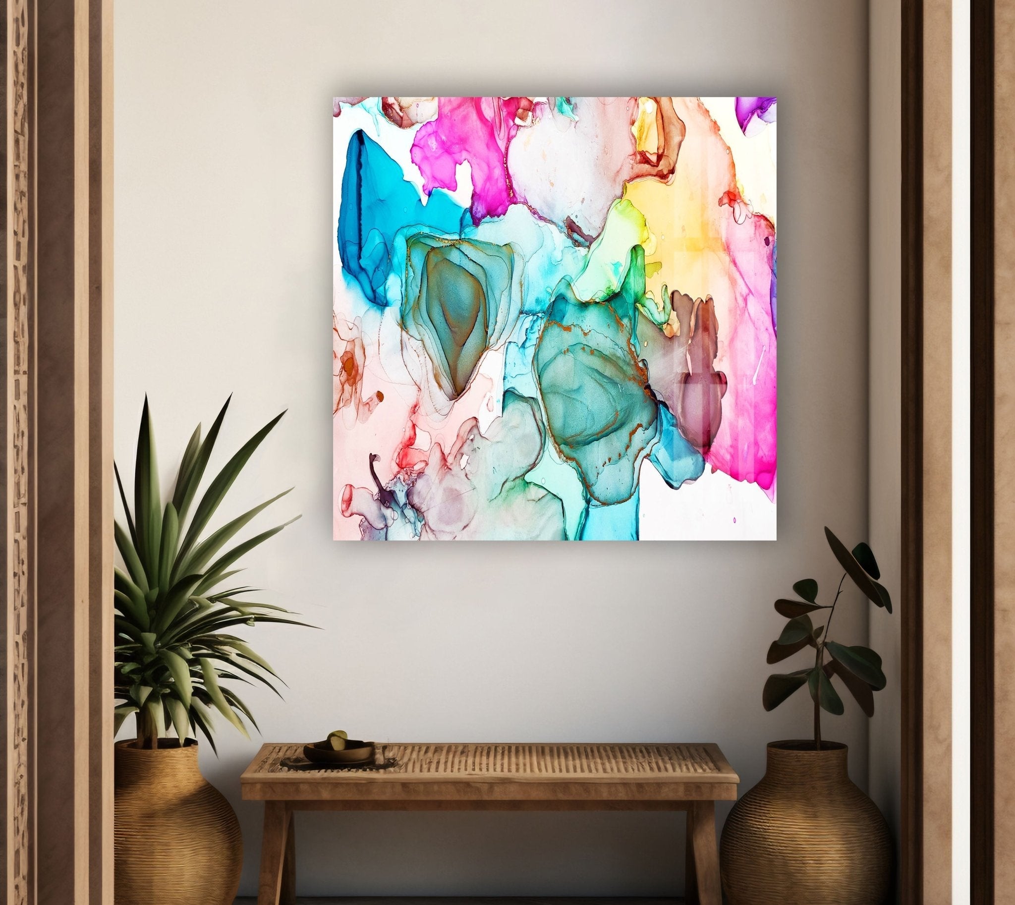 Vibrant Blue Alcohol Ink Drops Glass Wall Art - Handmade Abstract Home Decor for Living Room, Bedroom & Office
