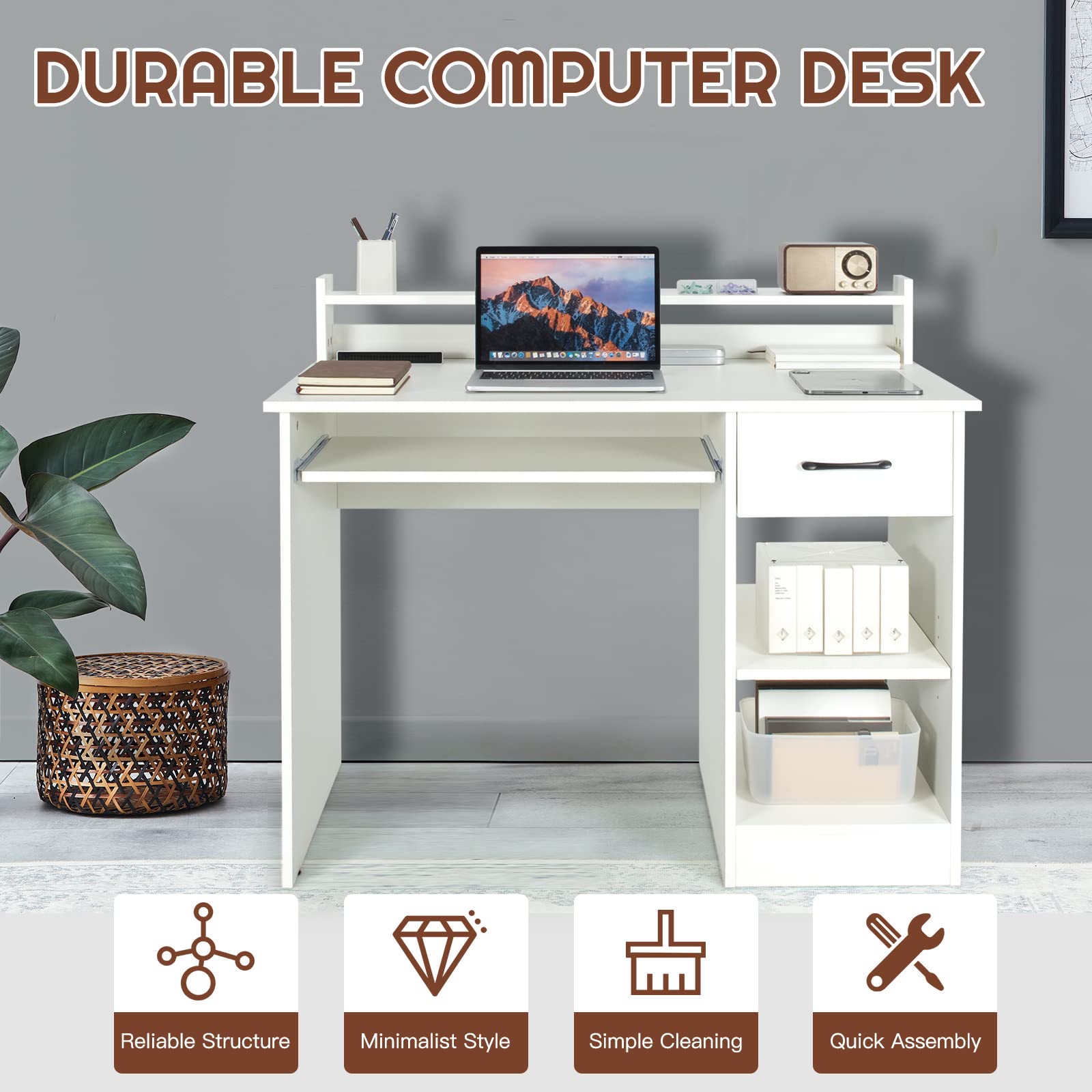 COSTWAY Computer Desk with Hutch - Home Office Desk with Drawer, Adjustable Shelf & Keyboard Tray | Study Writing Desk & Executive Workstation for Living Room, Bedroom & Office (White) | Perfect for Remote Work, Online Classes & Home Office Setup