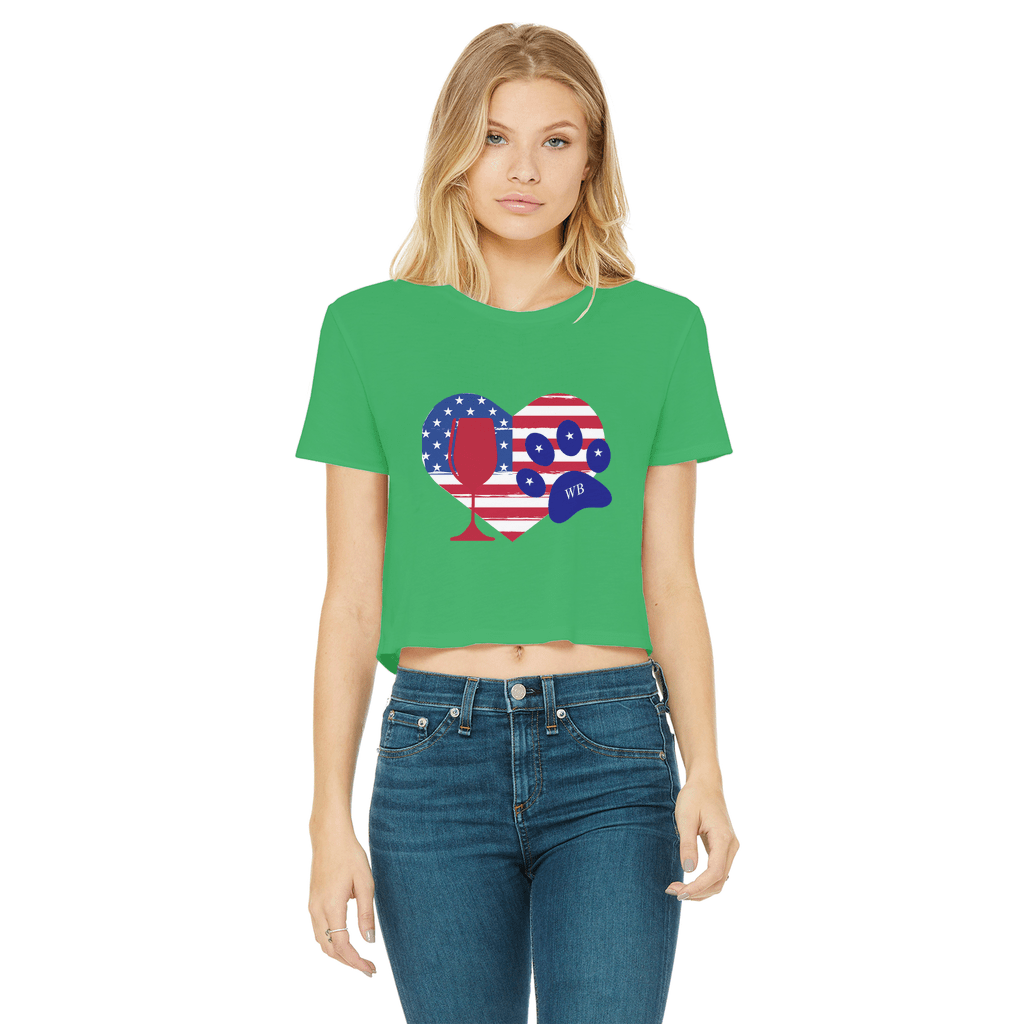 WineyBitches.Co Women's Cropped Raw Edge T-Shirt with Heart Paw Print - American Wine Lover Tee for Casual Outfits, Girls Night Out & Wine Tasting Events