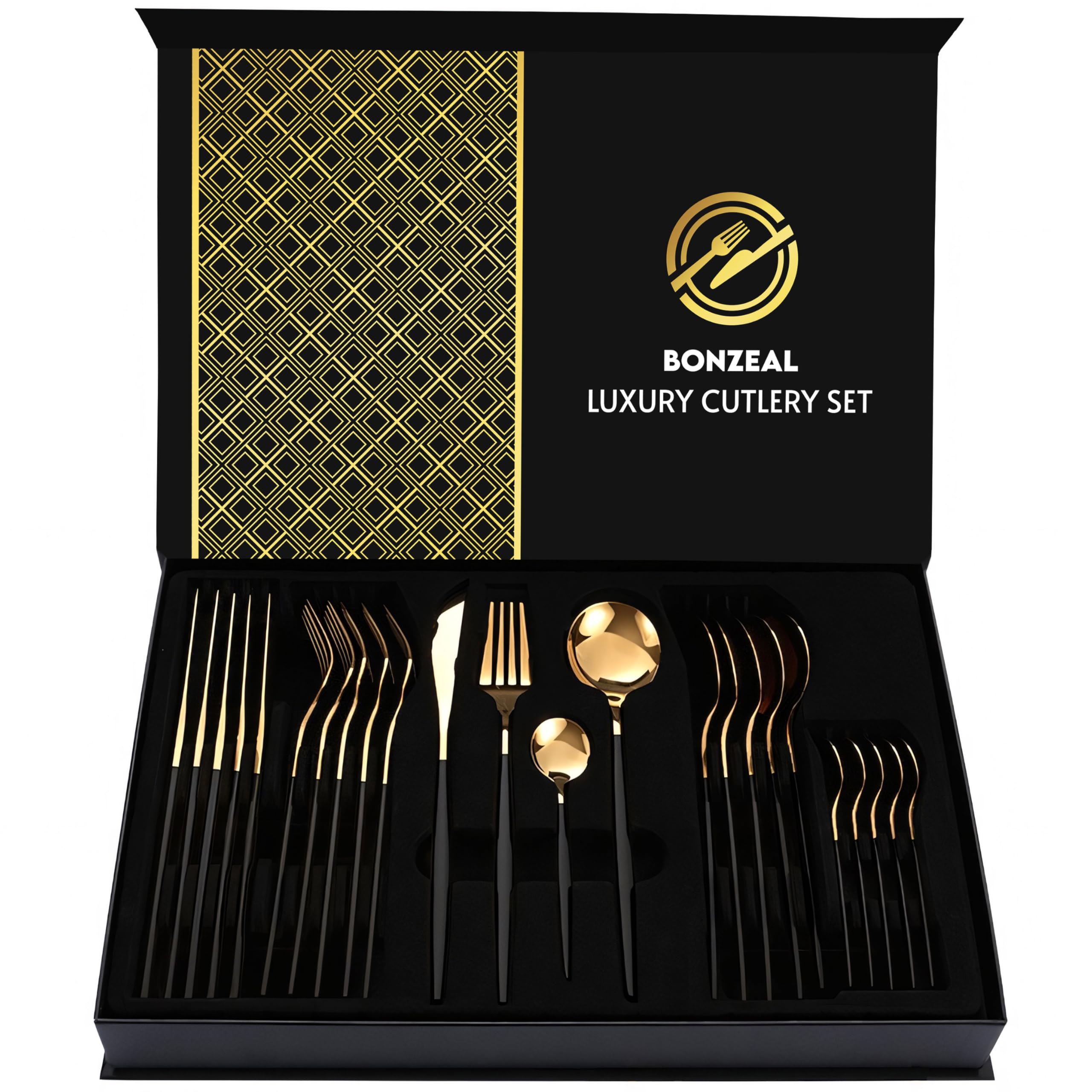 Premium BonZeaL 24-Piece Black Gold Cutlery Set for 6 - Mirror Finish Stainless Steel Flatware Set - Elegant Housewarming Gift for New Home, Hotel, Cafe, Bar & Restaurant - Perfect for Weddings, Dinner Parties & Formal Dining