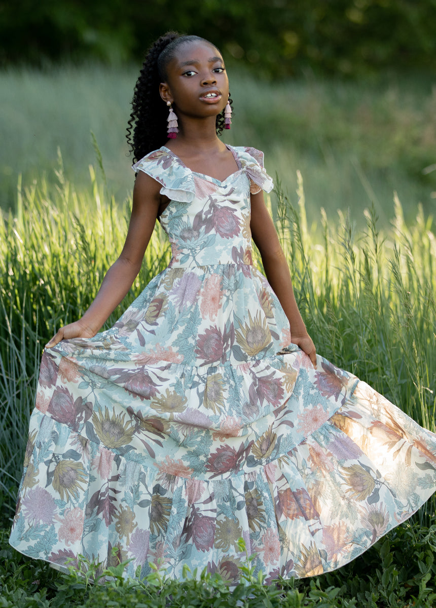 Varvara Floral Print Dress in Ecru - Elegant Summer Maxi Dress for Women, Perfect for Beach Vacations, Garden Parties & Date Nights