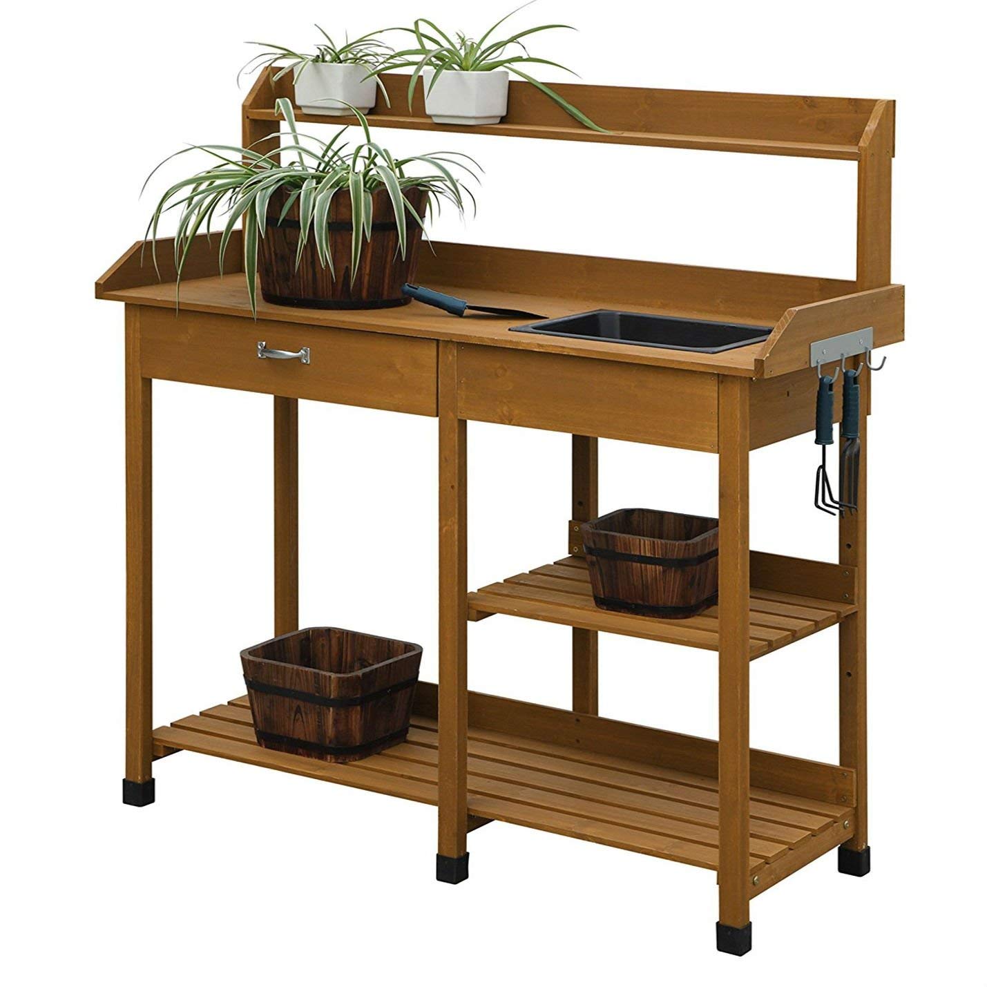 Light Oak Outdoor Garden Wood Potting Bench with Sink - Heavy Duty Work Table for Planting, Potting & Gardening - Perfect for Backyard, Greenhouse & DIY Projects