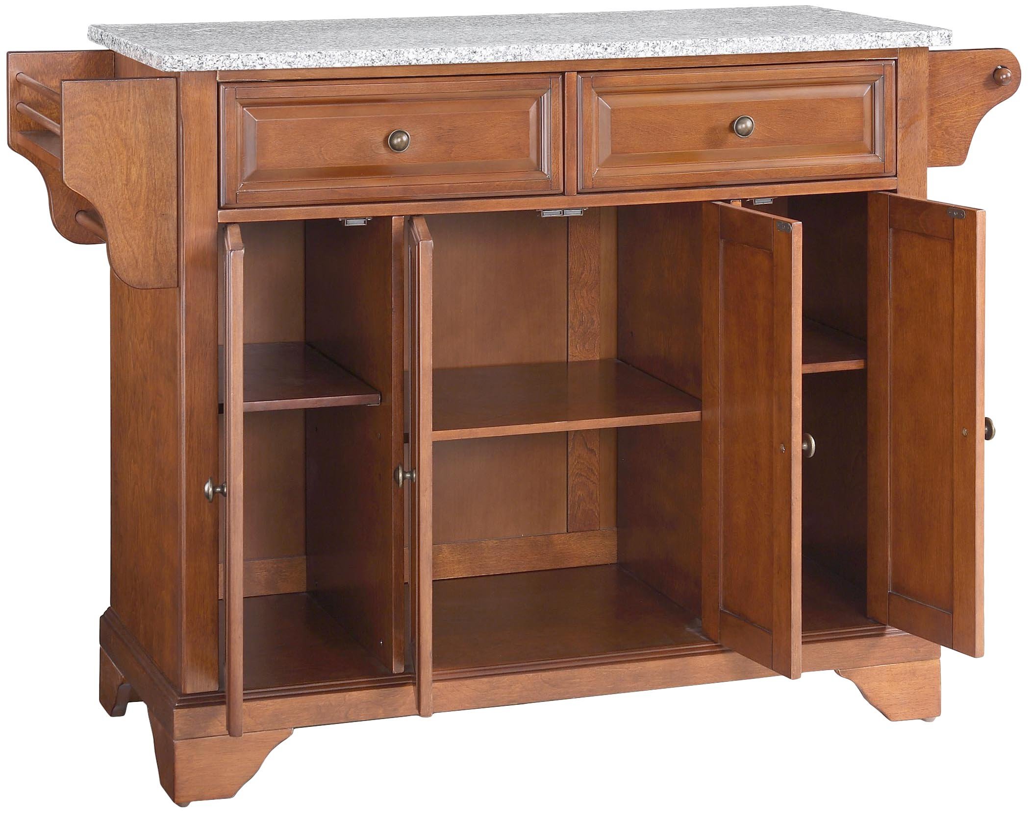 Crosley LaFayette Granite Top Rolling Kitchen Island Cart with Storage, Microwave Stand & Spice Rack - Cherry Finish for Modern Kitchens & Small Spaces