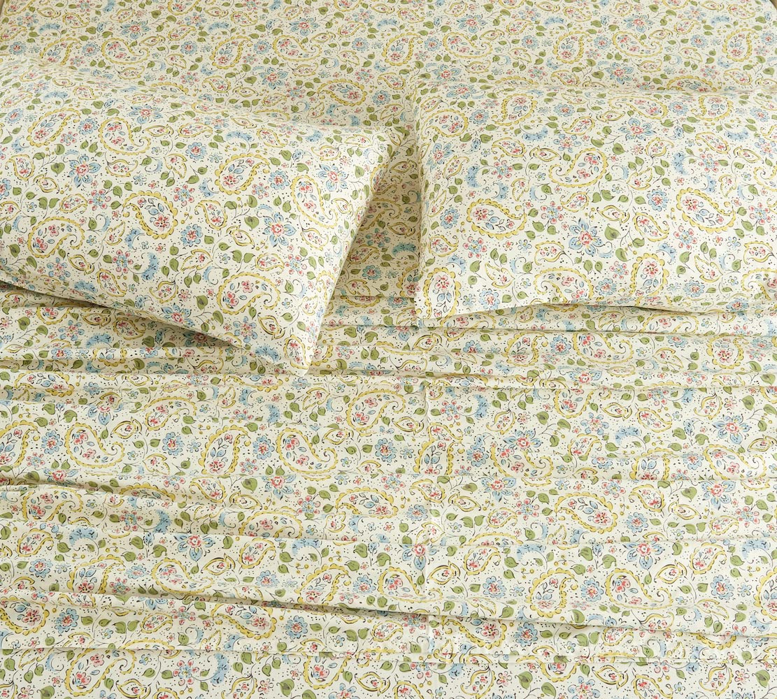 DAUAOTO 100% Cotton King Size Bed Sheet Set - Farmhouse Paisley Pattern, Deep Pocket Fits Mattress Up to 14